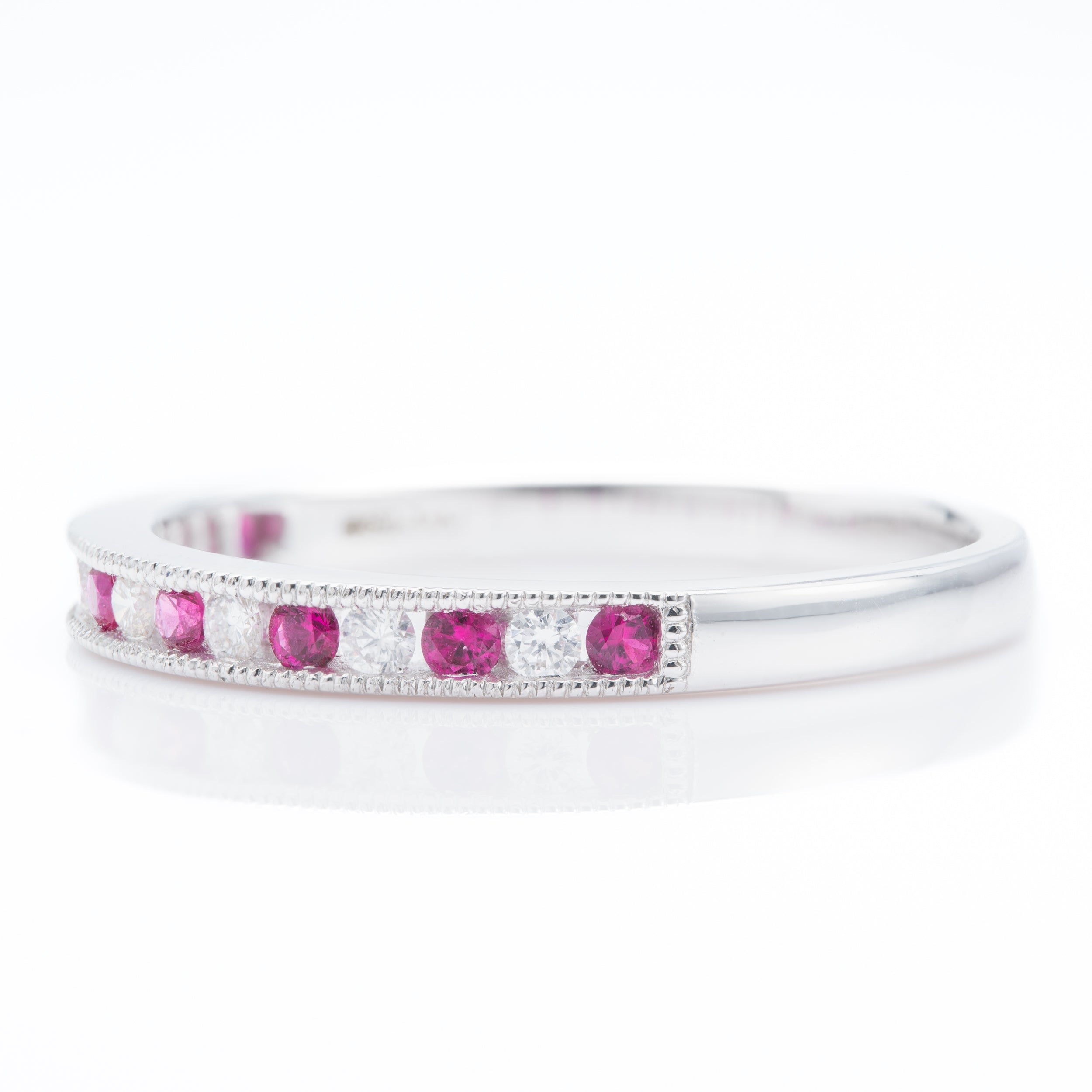 18ct White Gold Round Cut Ruby & Round Brilliant Cut Diamond Milgrain Edged Channel Set Half Eternity Ring