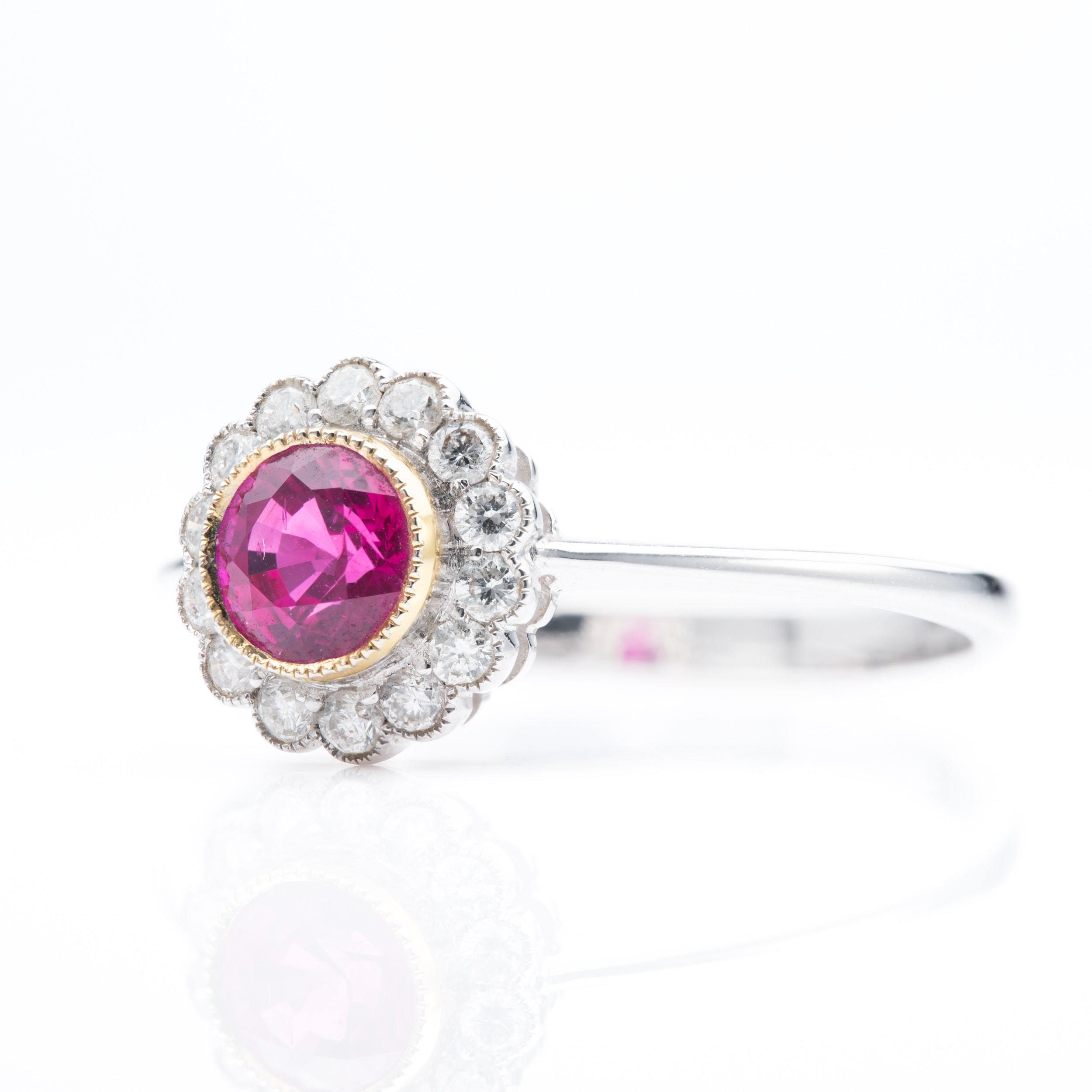 18ct White & Yellow Gold Round Cut Ruby & Round Brilliant Cut Diamond Flower Cluster Ring