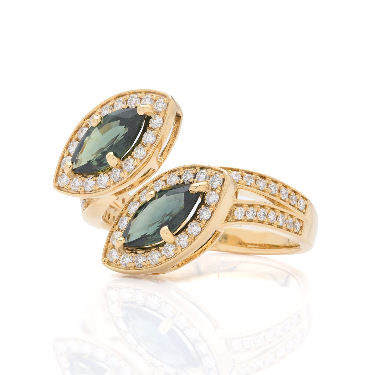 18ct Yellow Gold Green Sapphire & Diamond Marquise Cross-Over Ring