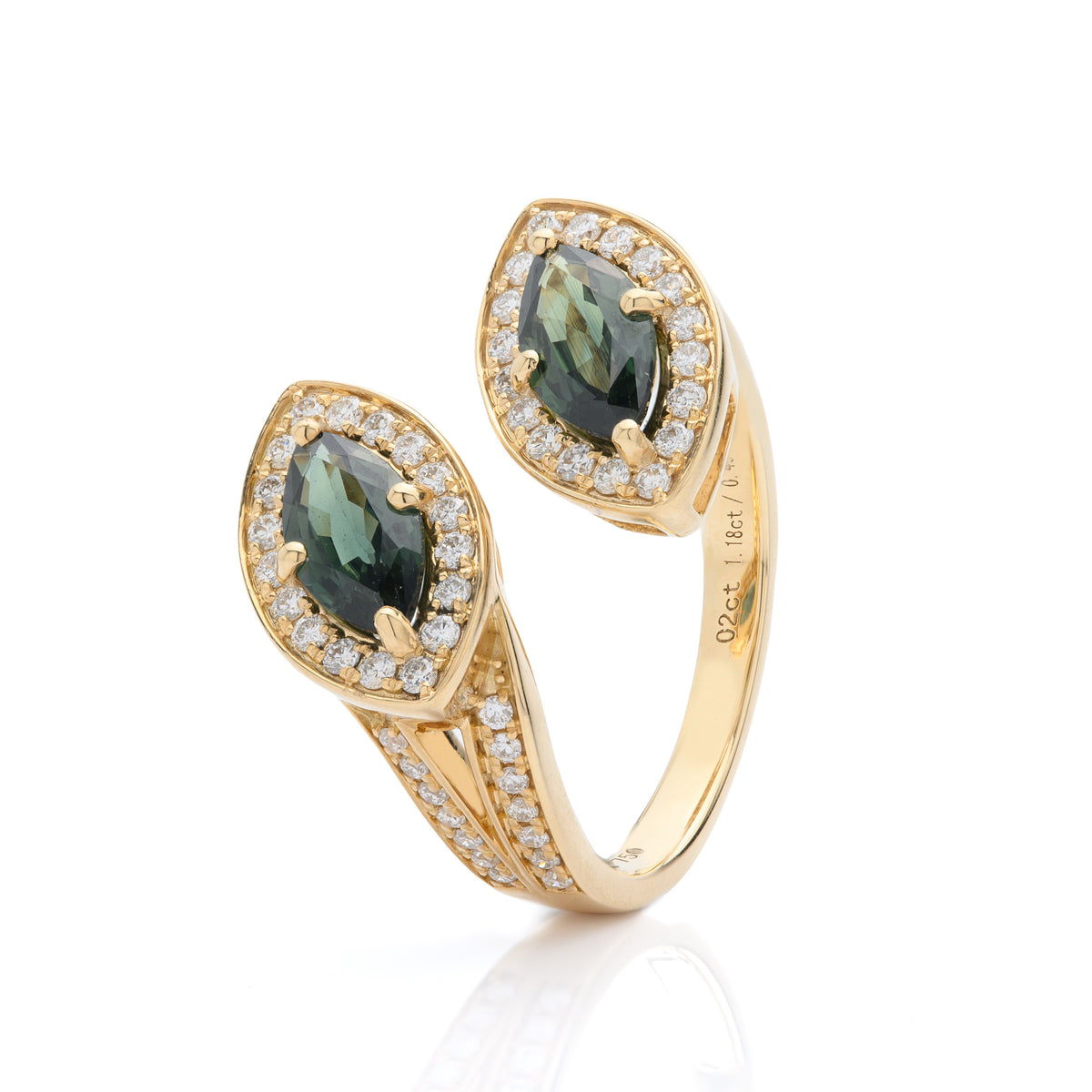18ct Yellow Gold Green Sapphire & Diamond Marquise Cross-Over Ring