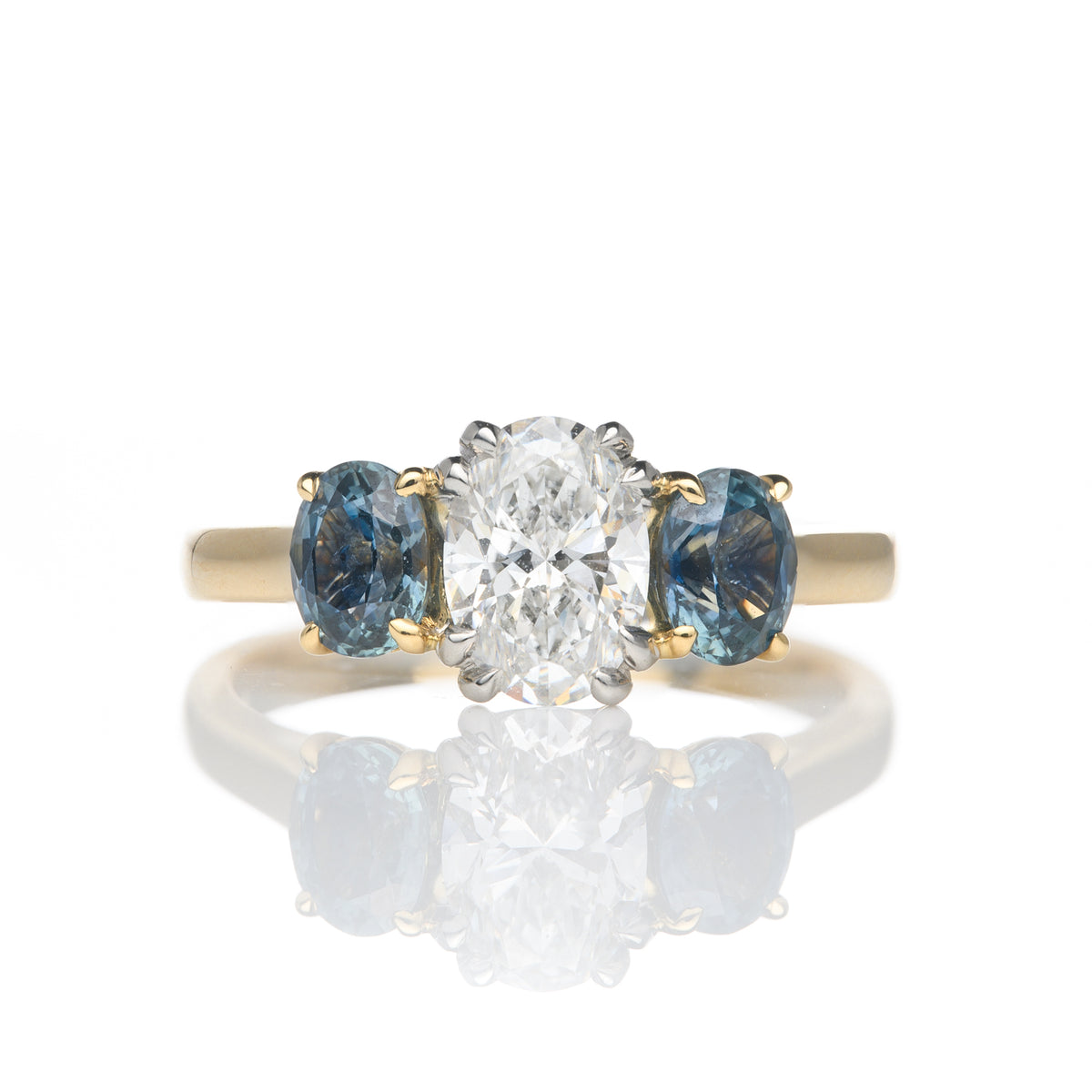 18ct Yellow Gold Diamond and Teal Sapphire Bespoke Designed Trilogy Ring
