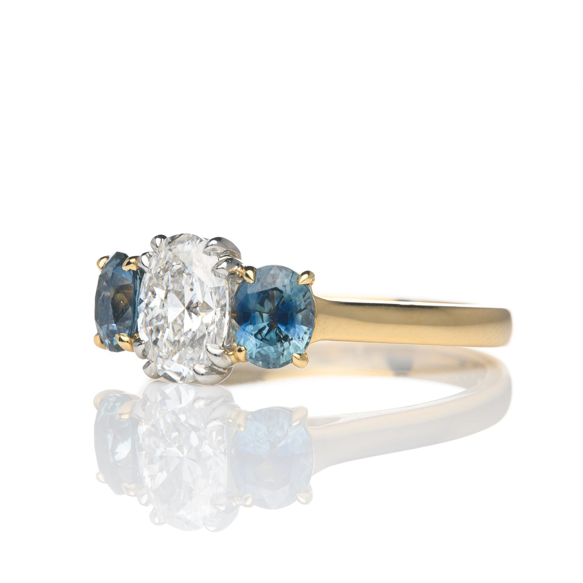 18ct Yellow Gold Diamond and Teal Sapphire Bespoke Designed Trilogy Ring