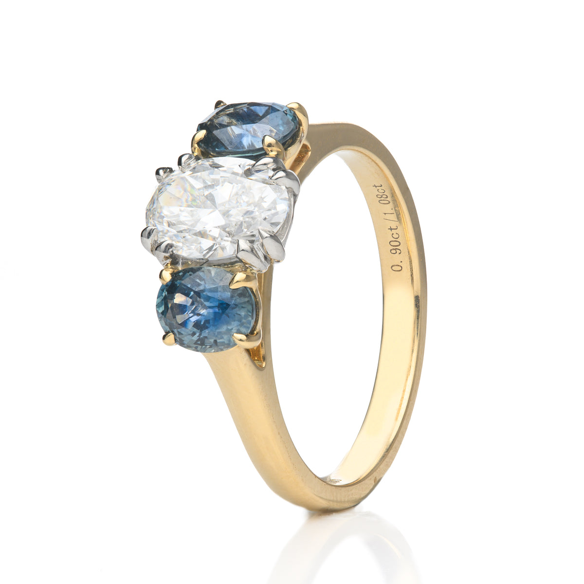 18ct Yellow Gold Diamond and Teal Sapphire Bespoke Designed Trilogy Ring