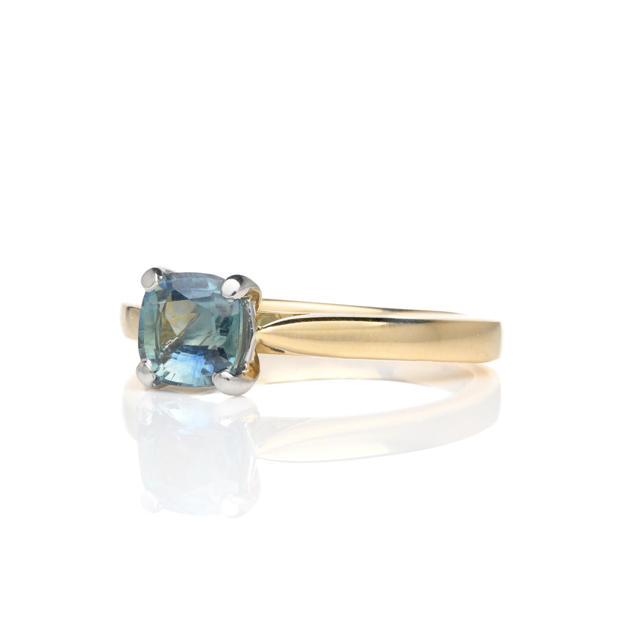 18ct Yellow Gold Cushion Cut Teal Sapphire Bespoke Designed Solitaire Ring