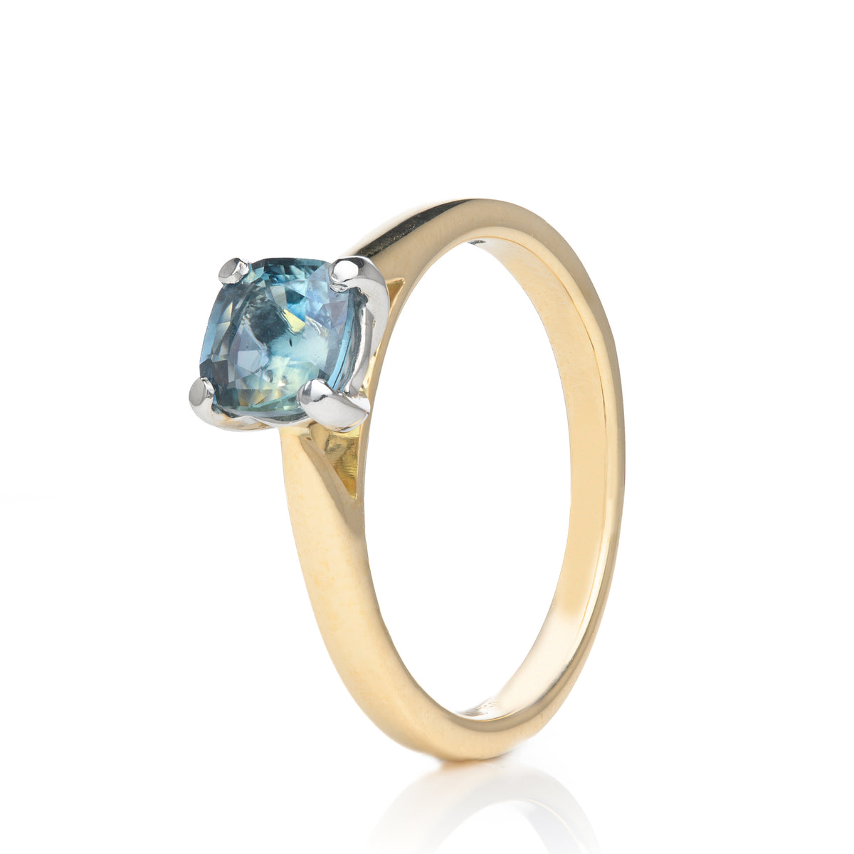 18ct Yellow Gold Cushion Cut Teal Sapphire Bespoke Designed Solitaire Ring