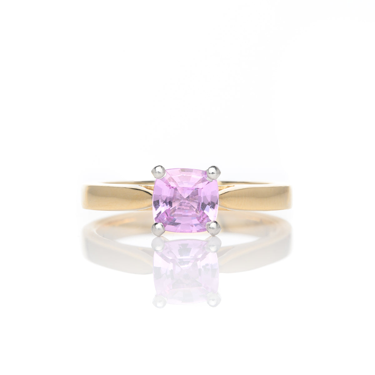 18ct Yellow Gold Cushion Cut Pink Sapphire Bespoke Designed Solitaire Ring