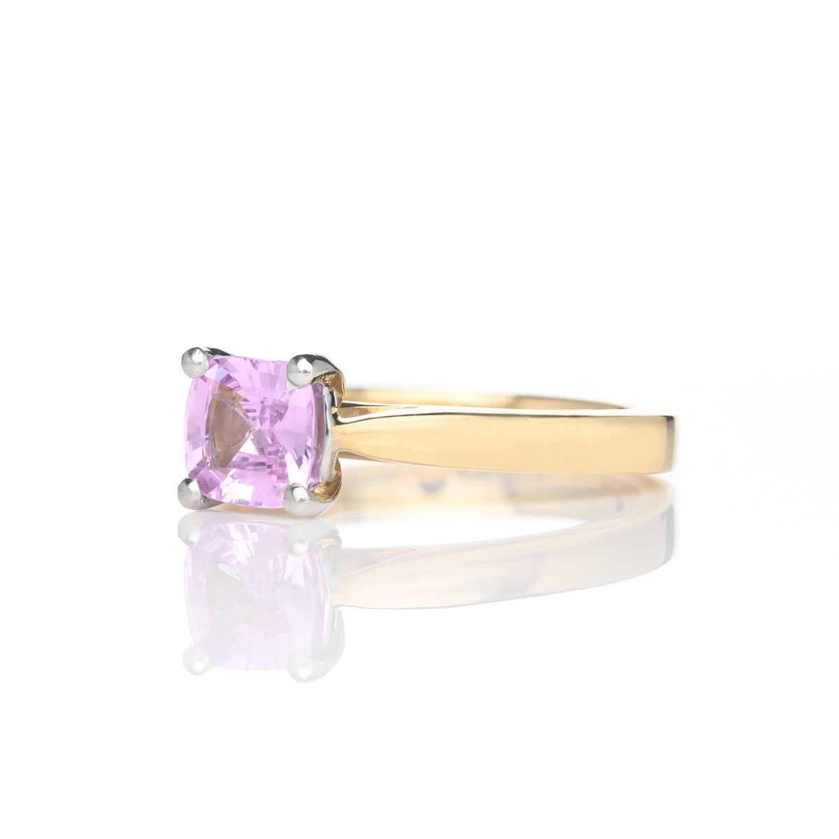 18ct Yellow Gold Cushion Cut Pink Sapphire Bespoke Designed Solitaire Ring