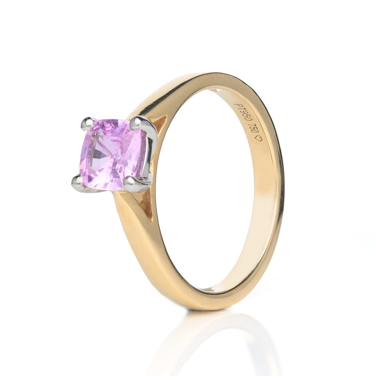 18ct Yellow Gold Cushion Cut Pink Sapphire Bespoke Designed Solitaire Ring