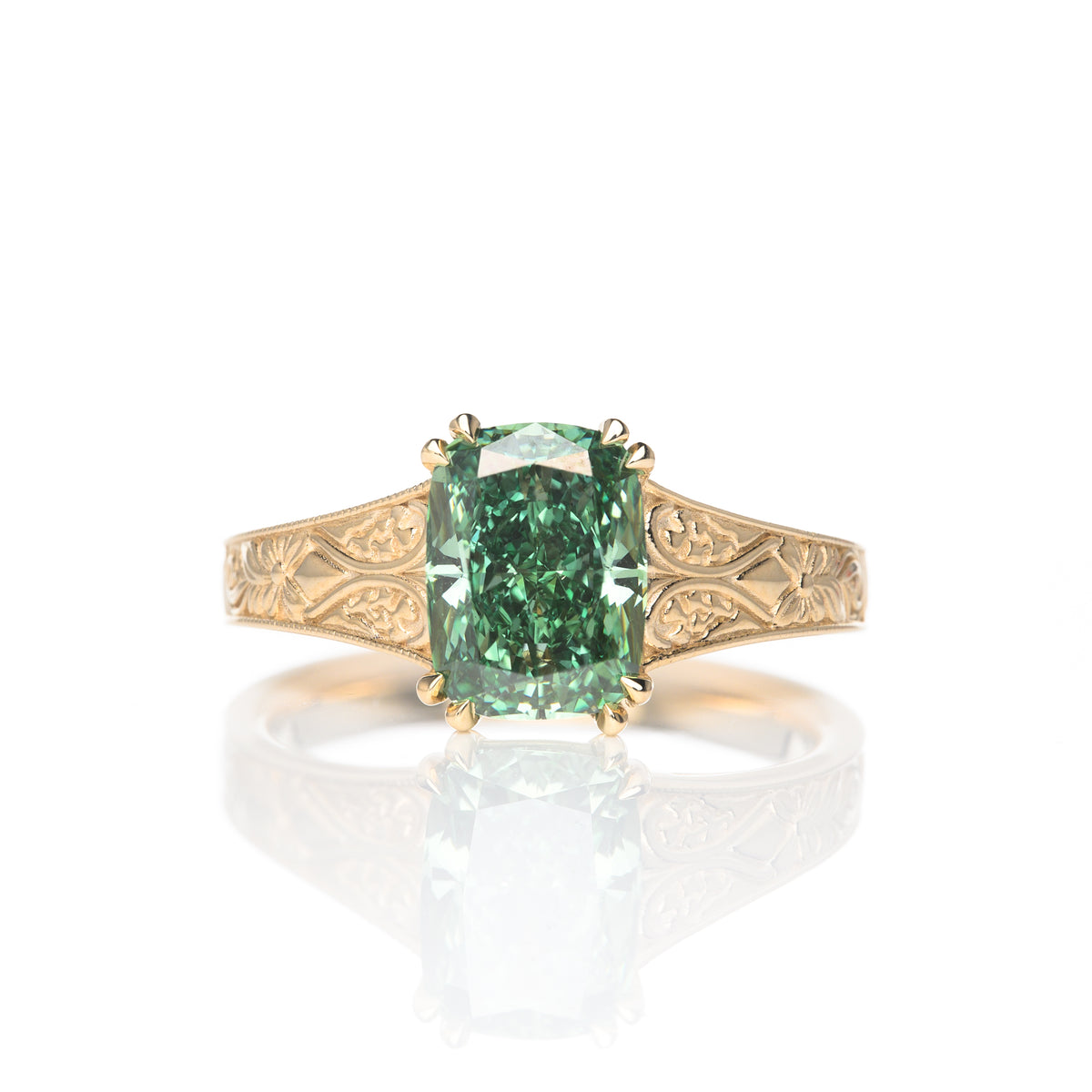 9ct Yellow Gold Cushion Cut IGI Certified Lab Grown Green Diamond Solitaire Ring With Decorative Engraving