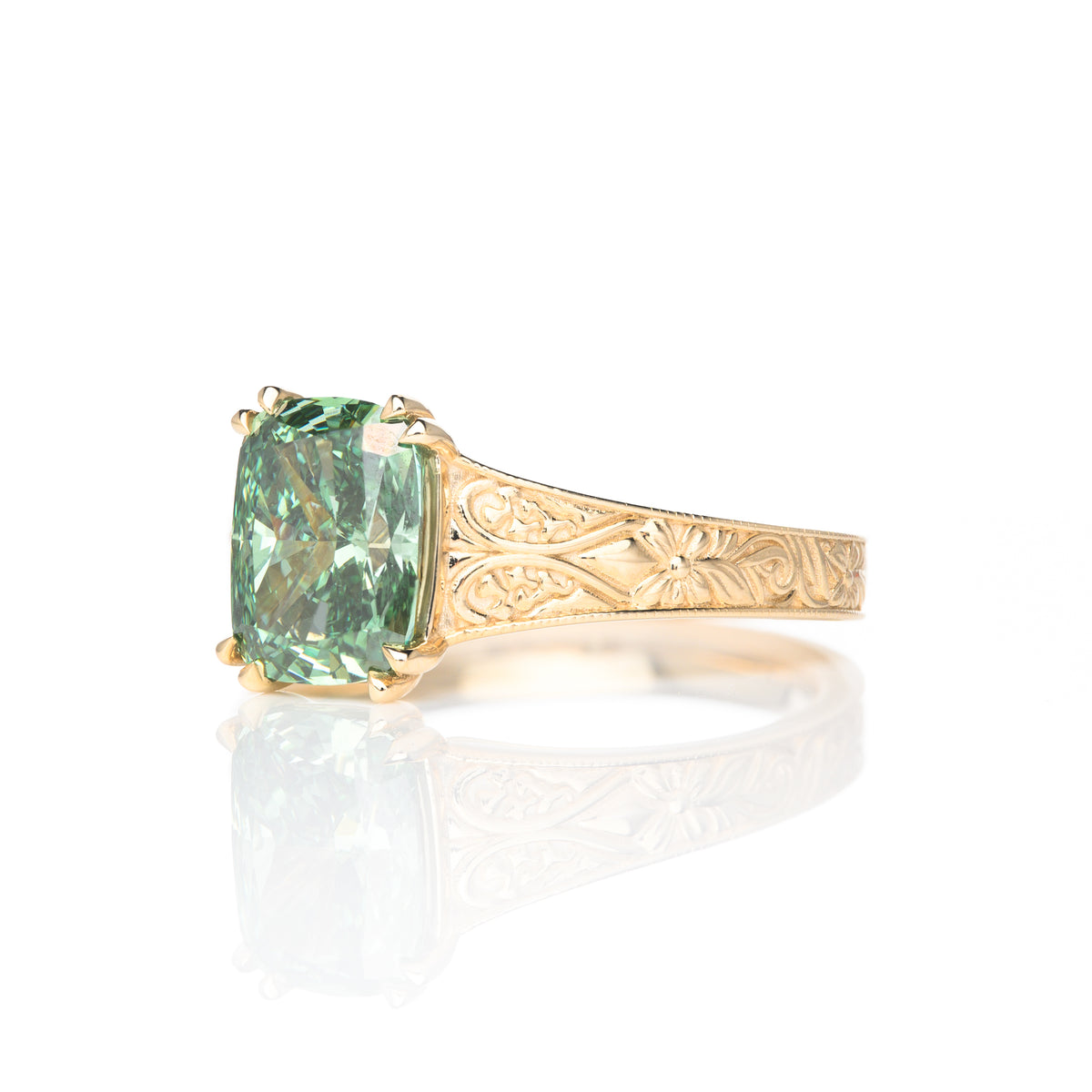 9ct Yellow Gold Cushion Cut IGI Certified Lab Grown Green Diamond Solitaire Ring With Decorative Engraving