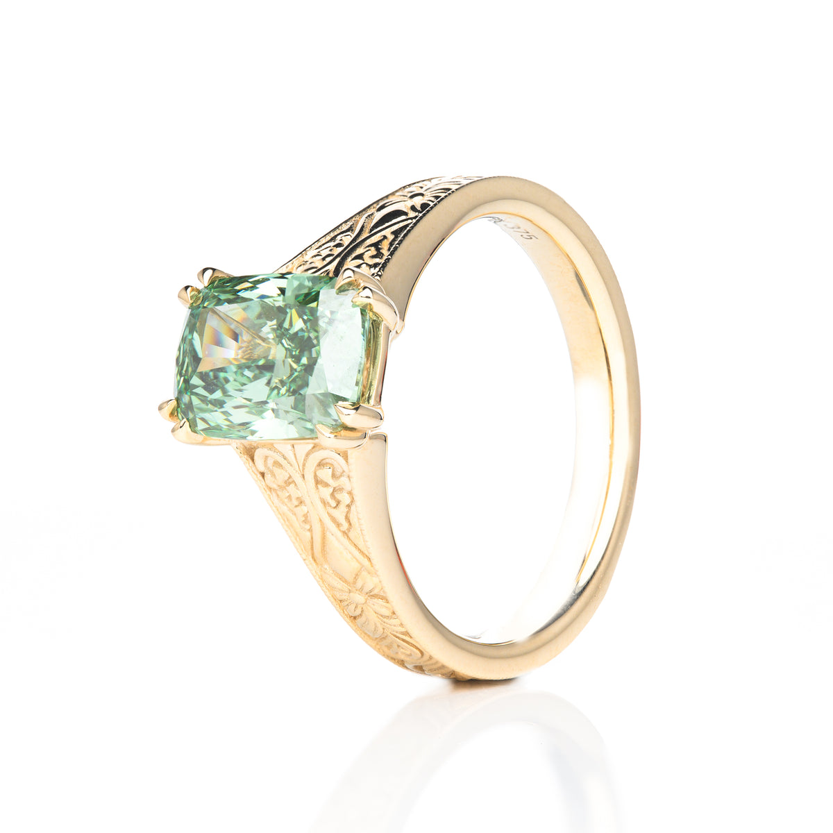 9ct Yellow Gold Cushion Cut IGI Certified Lab Grown Green Diamond Solitaire Ring With Decorative Engraving