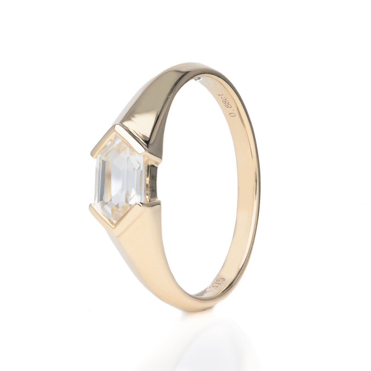 9ct Yellow Gold Hexagonal Cut Untreated White Sapphire Bespoke Designed Solitaire Ring