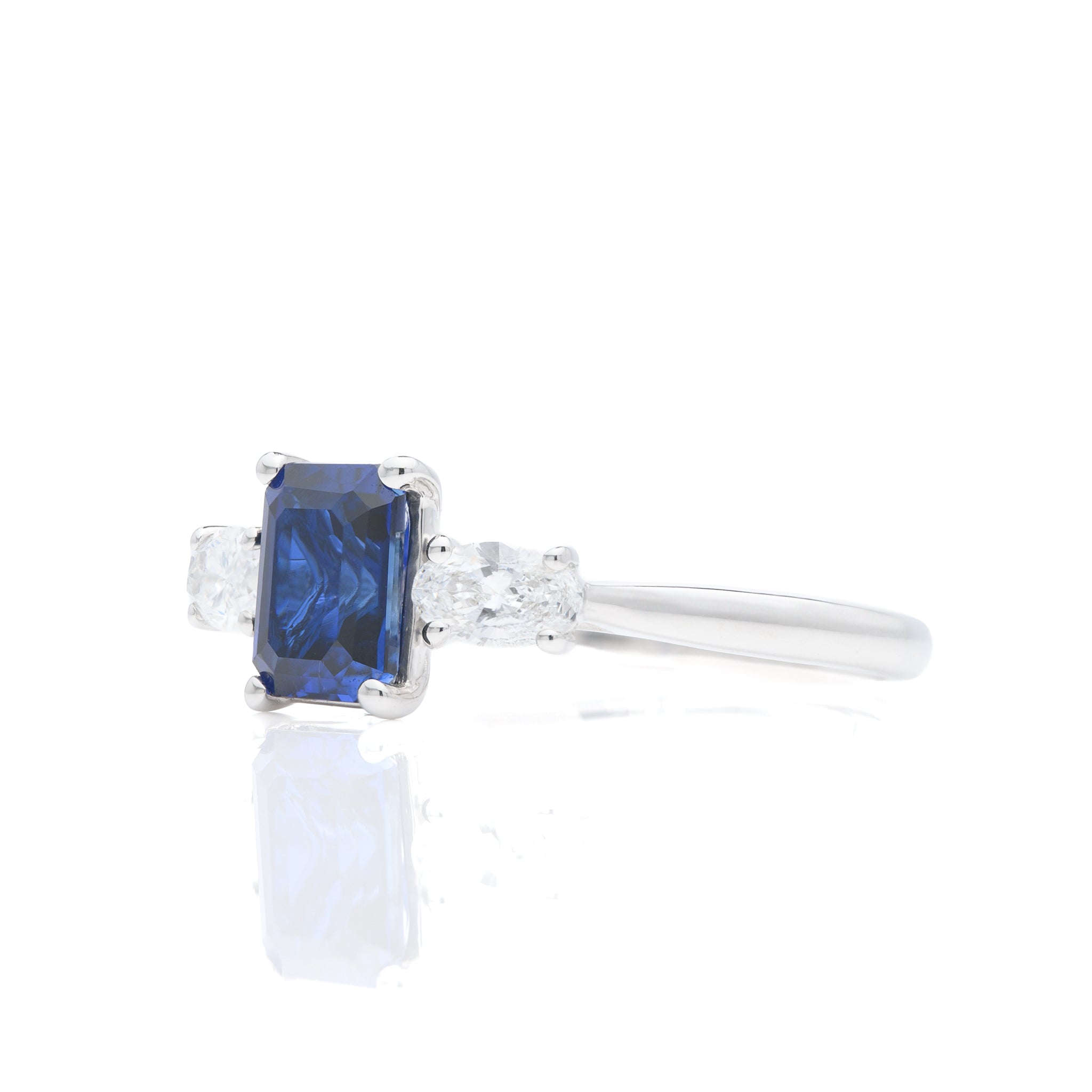 9ct White Gold Emerald Cut Lab Grown Sapphire and Oval Cut Lab Grown Diamond Trilogy Ring