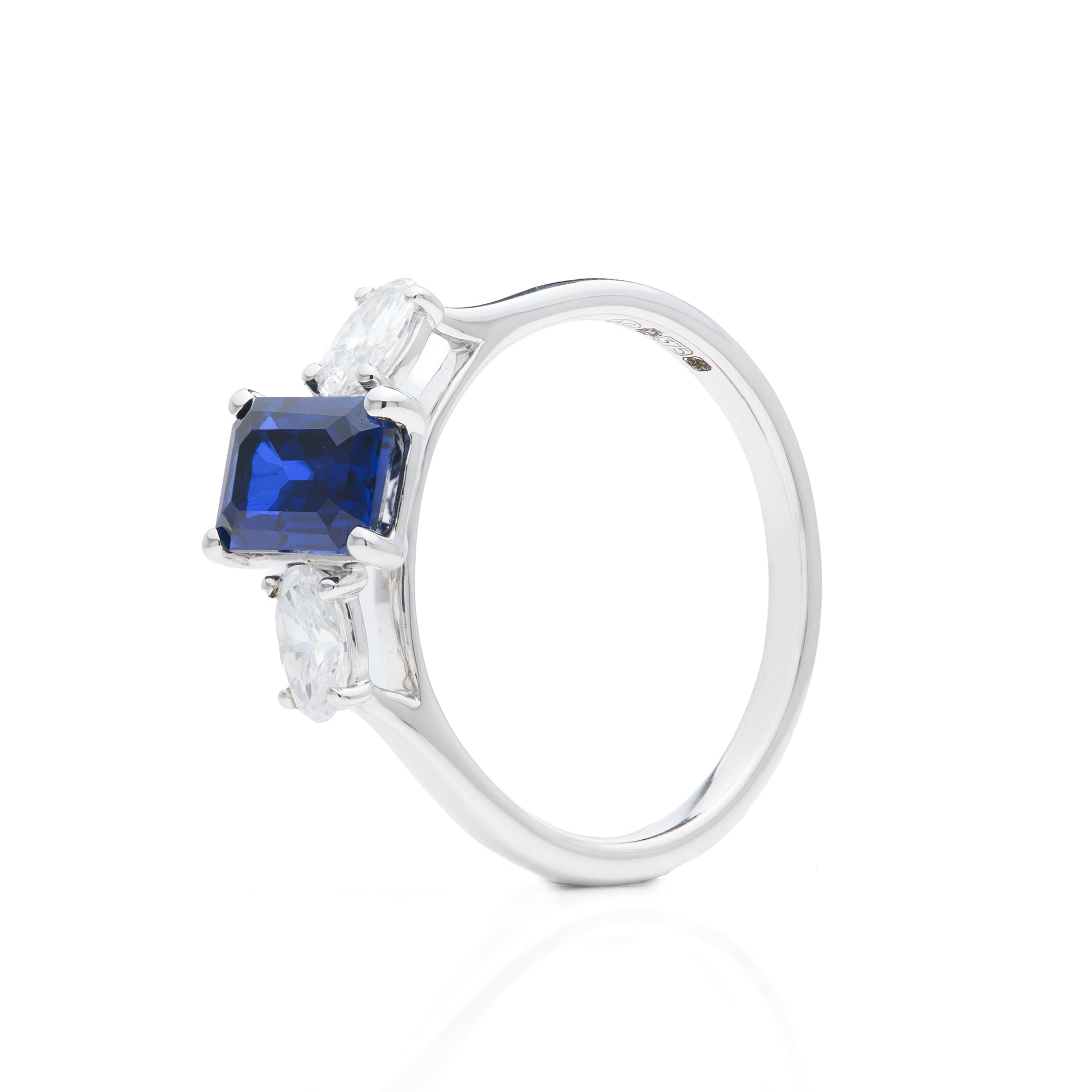 9ct White Gold Emerald Cut Lab Grown Sapphire and Oval Cut Lab Grown Diamond Trilogy Ring