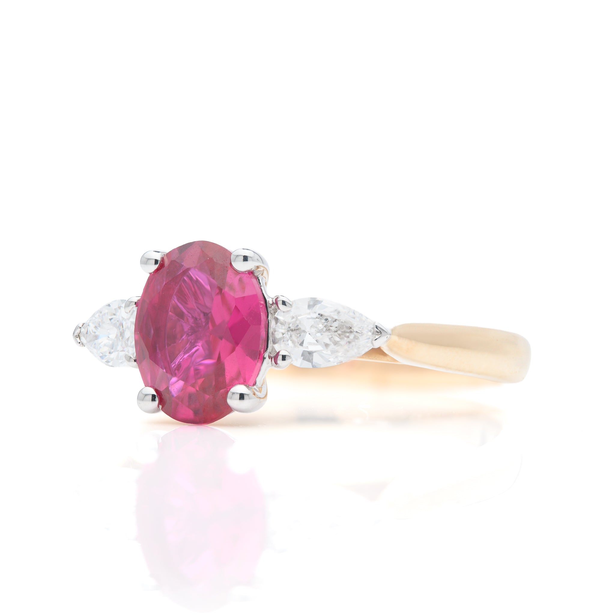 9ct Yellow Gold Oval Cut Lab Grown Ruby and Pear Cut Lab Grown Diamond Trilogy Ring