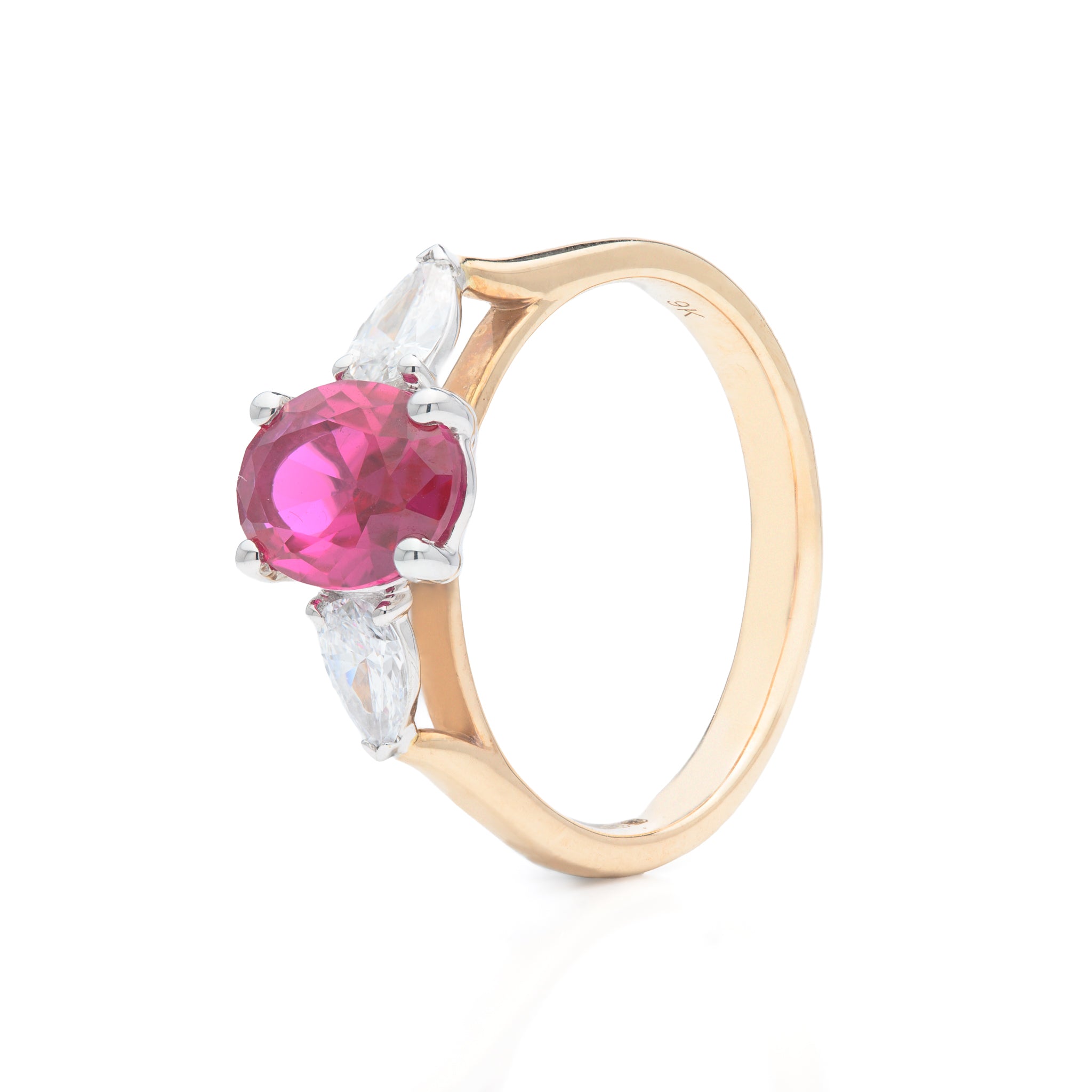 9ct Yellow Gold Oval Cut Lab Grown Ruby and Pear Cut Lab Grown Diamond Trilogy Ring