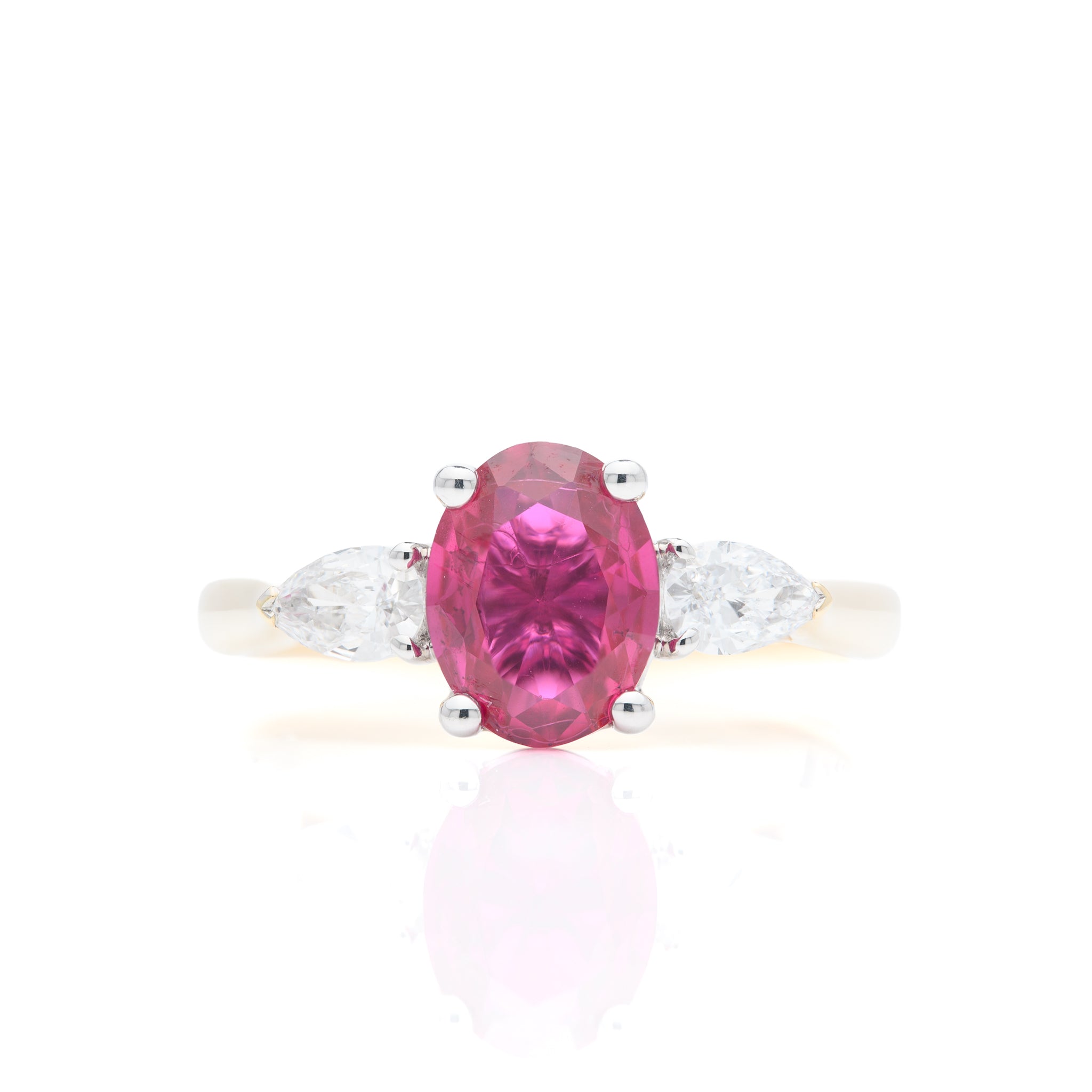 9ct Yellow Gold Oval Cut Lab Grown Ruby and Pear Cut Lab Grown Diamond Trilogy Ring