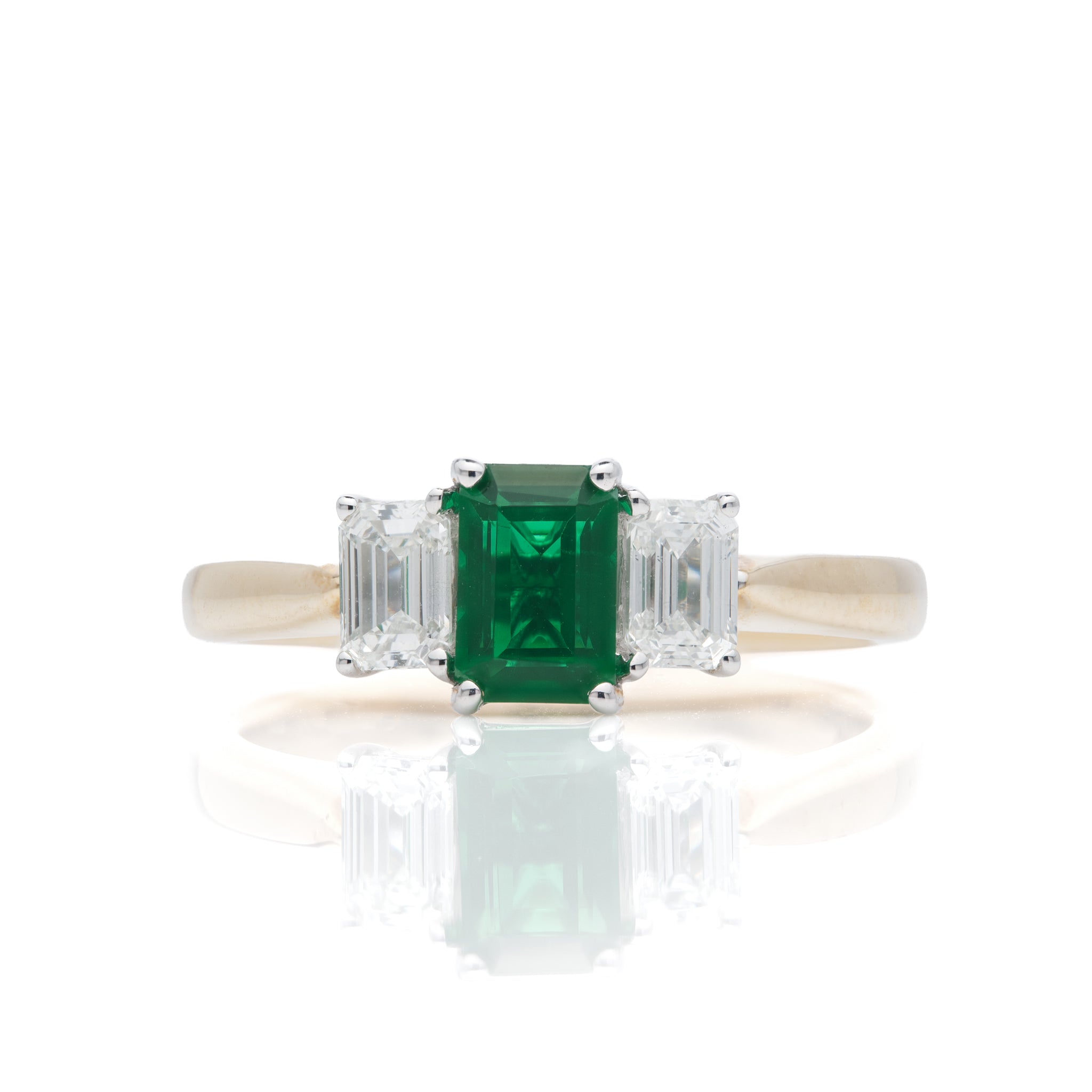9ct Yellow Gold Emerald Cut Lab Grown Emerald and Lab Grown Diamond Trilogy Ring