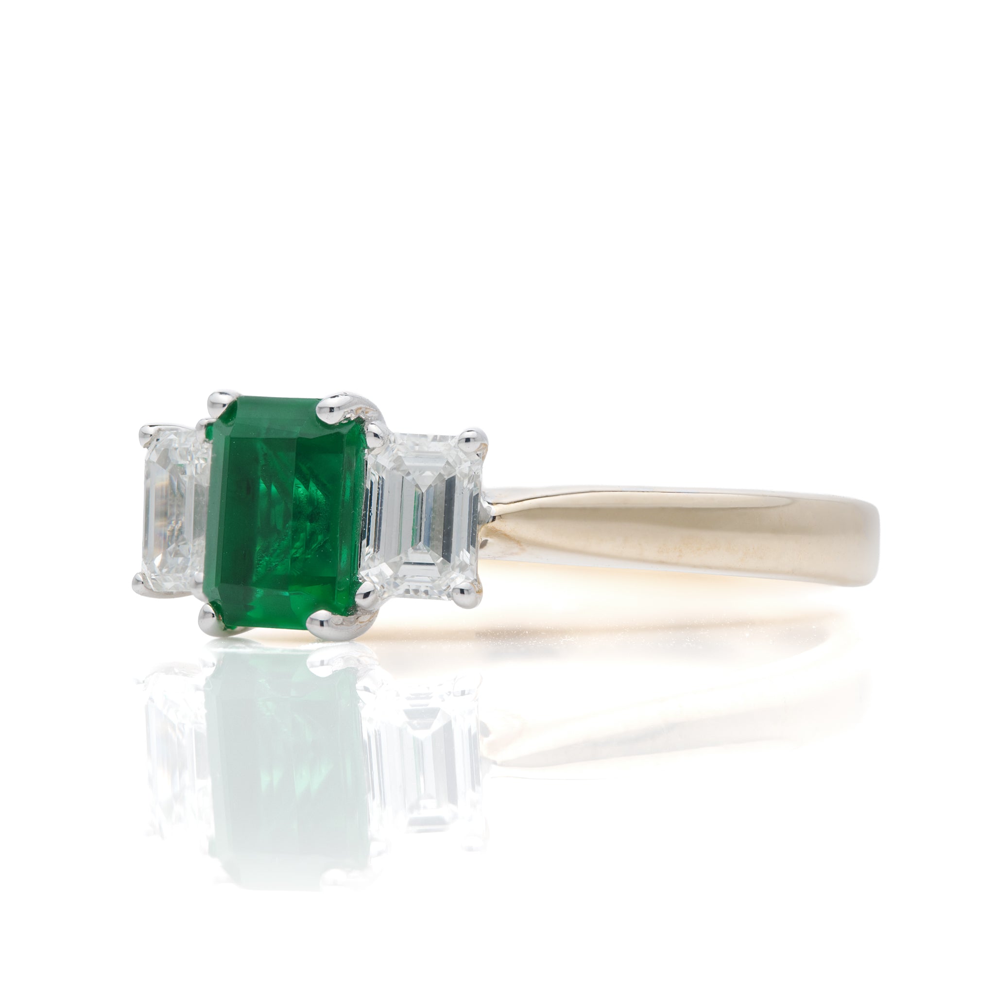 9ct Yellow Gold Emerald Cut Lab Grown Emerald and Lab Grown Diamond Trilogy Ring