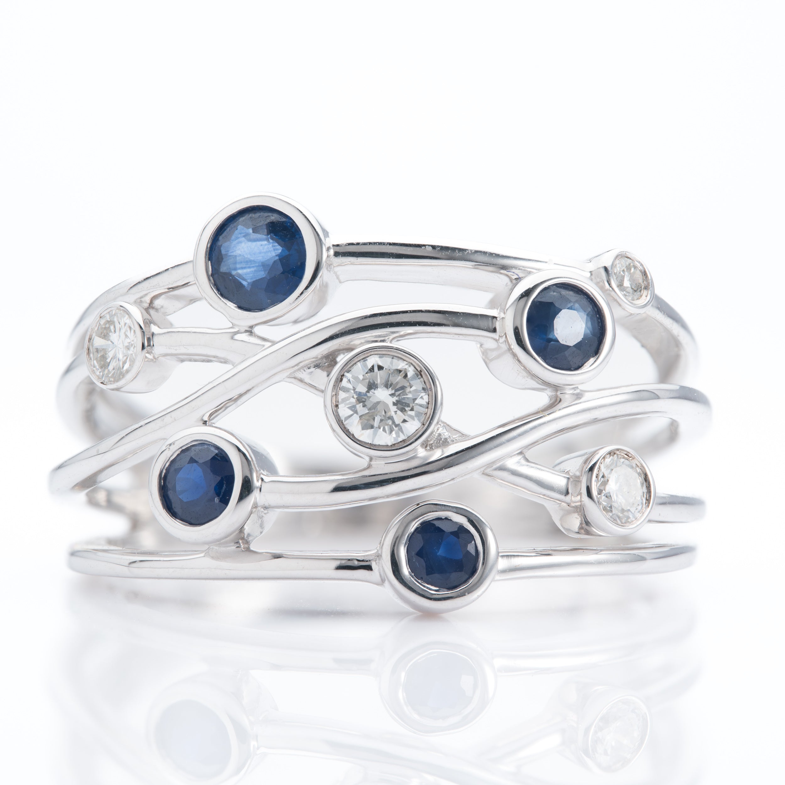 9ct White Gold Round Cut Sapphire & Brilliant Cut Diamond Bubble Ring