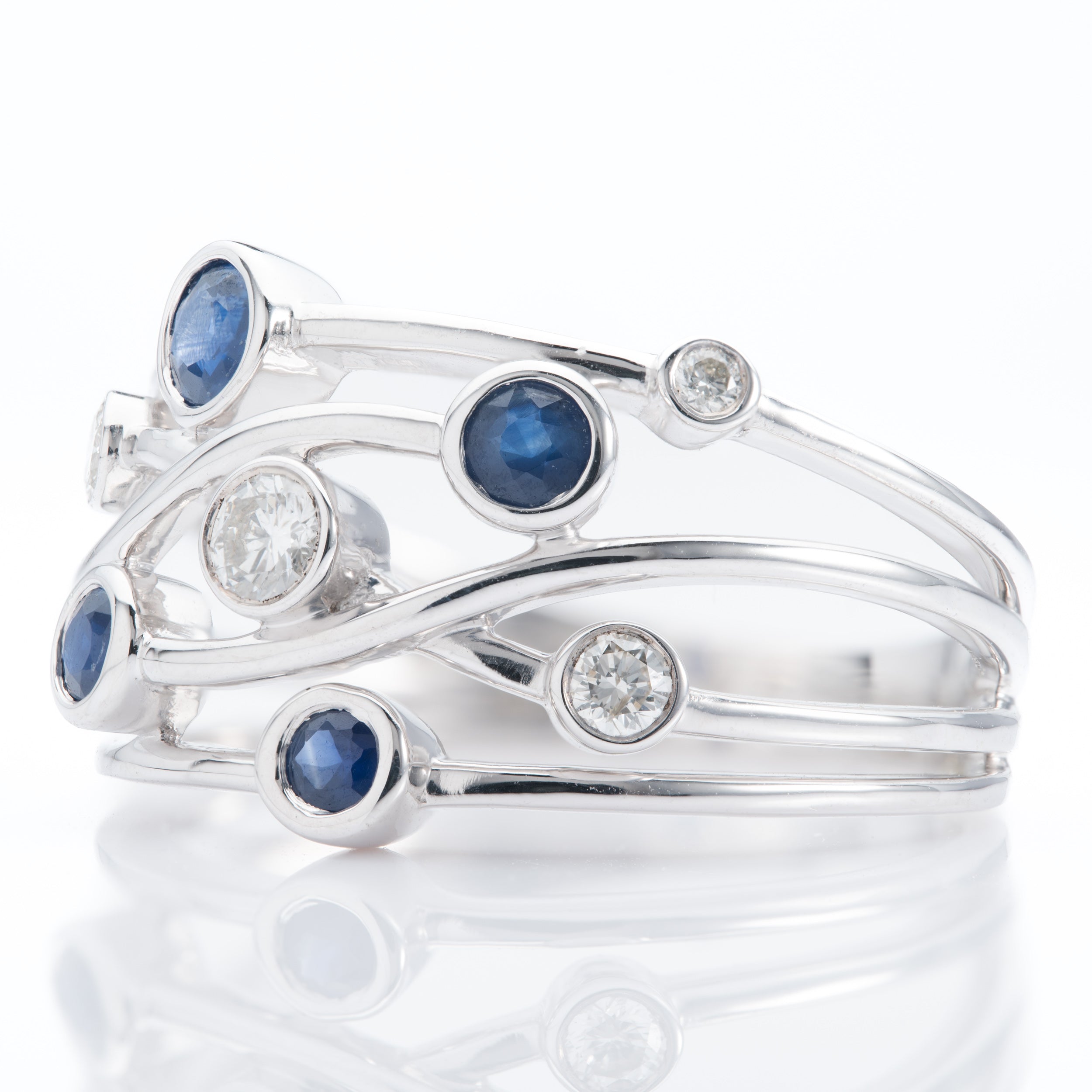 9ct White Gold Round Cut Sapphire & Brilliant Cut Diamond Bubble Ring