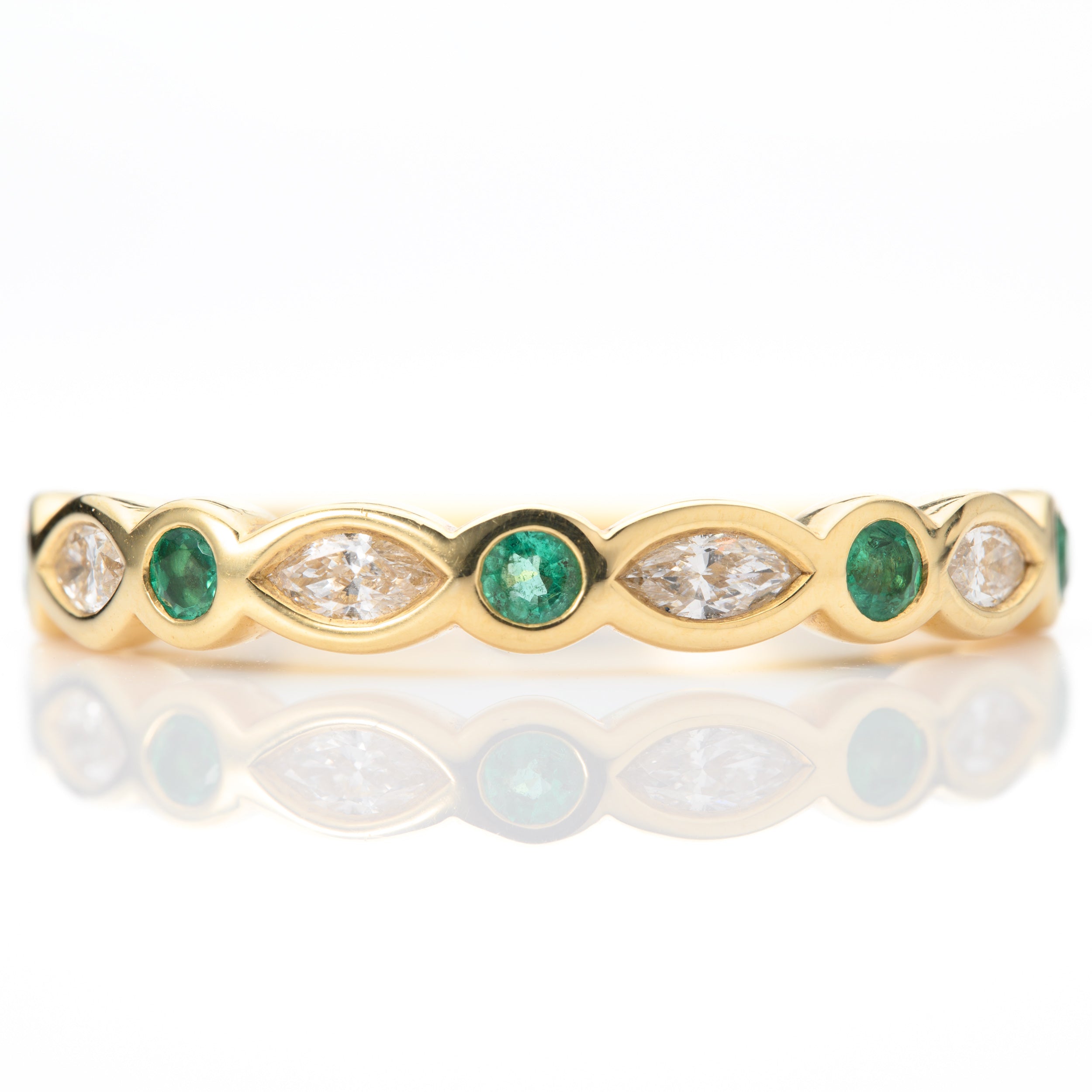 18ct Yellow Gold Round Cut Emerald & Marquise Cut Diamond Rubover Set Half Eternity Ring