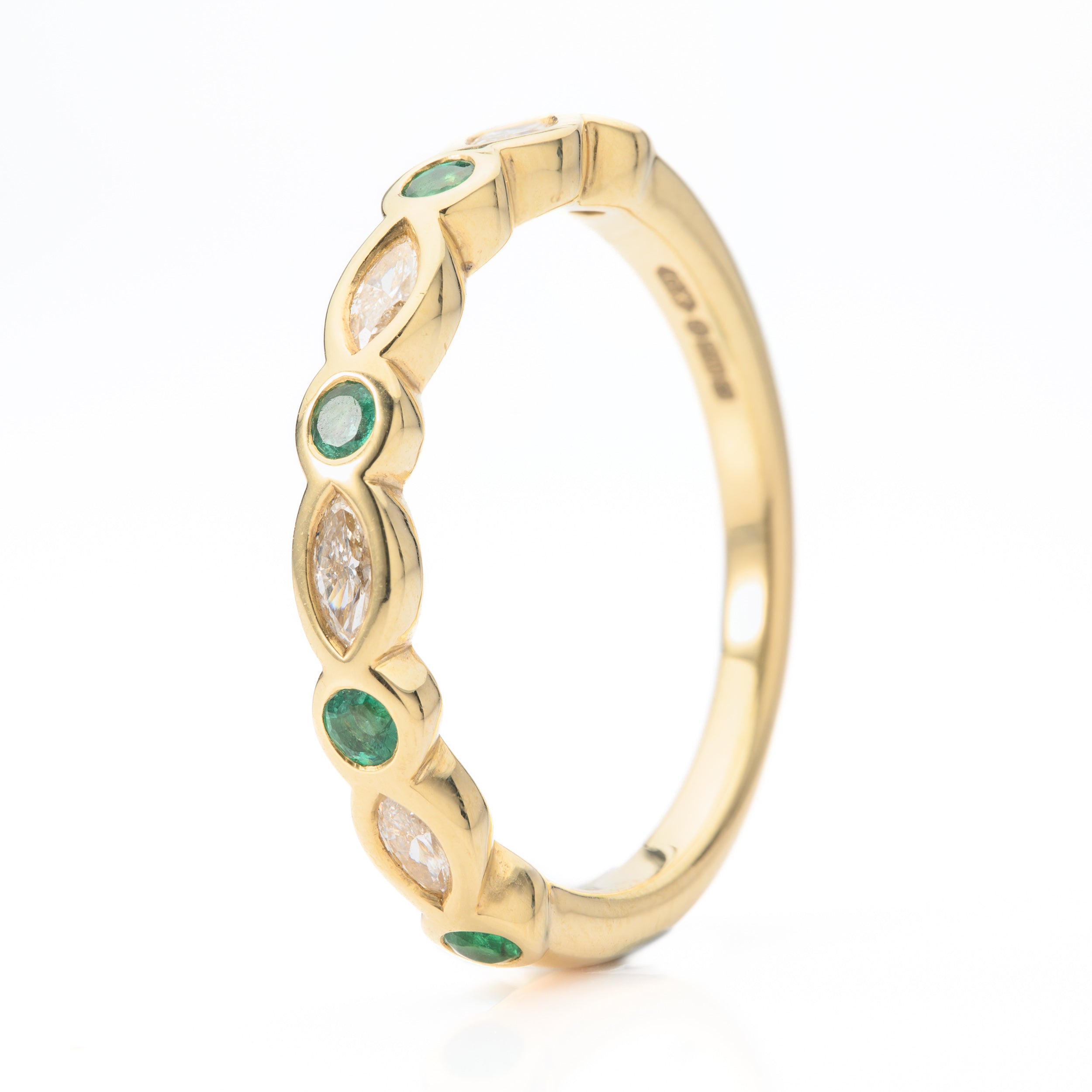 18ct Yellow Gold Round Cut Emerald & Marquise Cut Diamond Rubover Set Half Eternity Ring