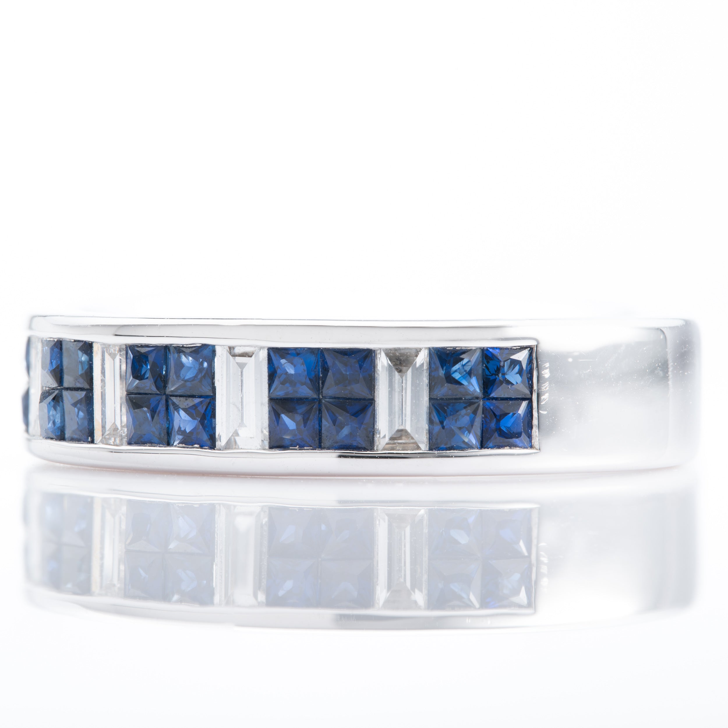 18ct White Gold Princess cut Sapphire and Baguette cut Diamond Eternity Ring