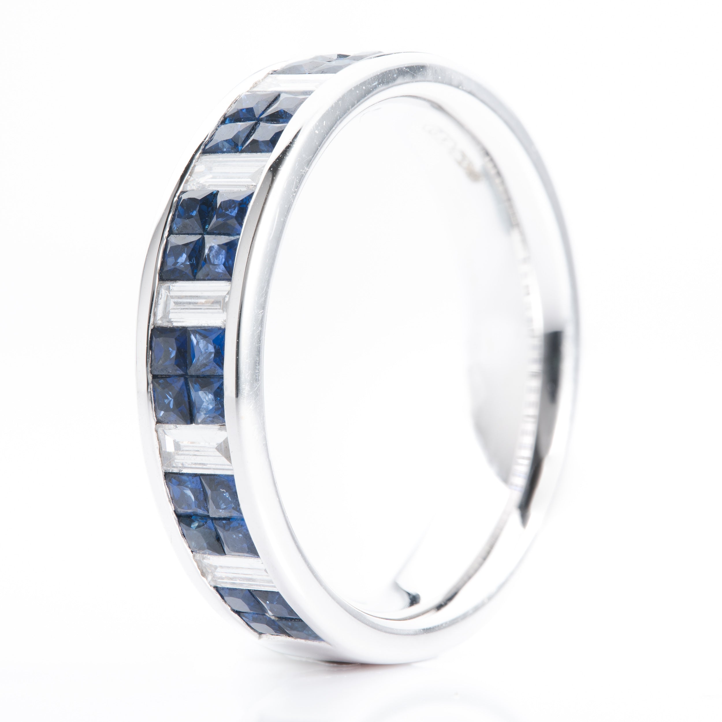18ct White Gold Princess cut Sapphire and Baguette cut Diamond Eternity Ring