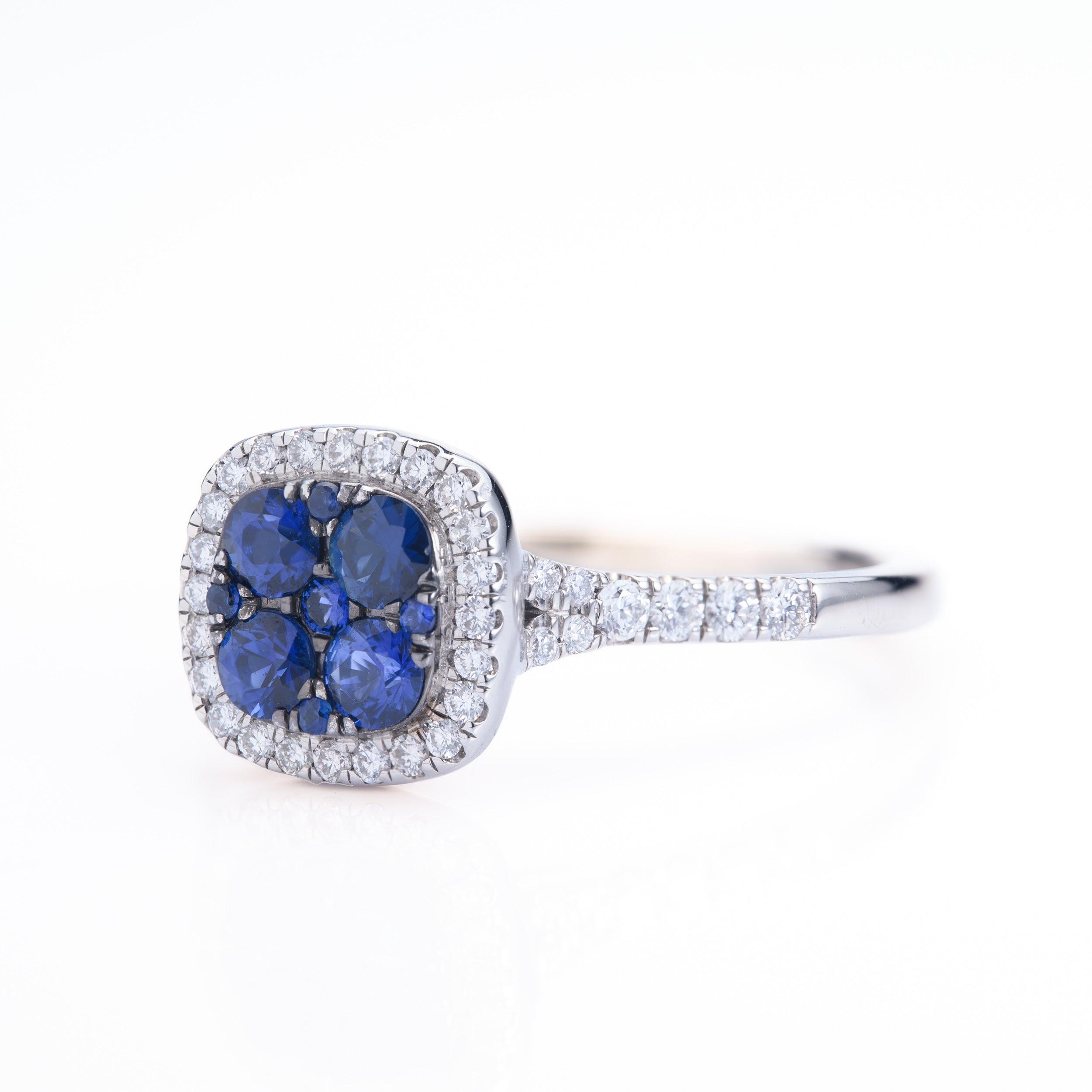Platinum Round Cut Sapphire & Round Brilliant Cut Diamond Cushion Cluster Ring