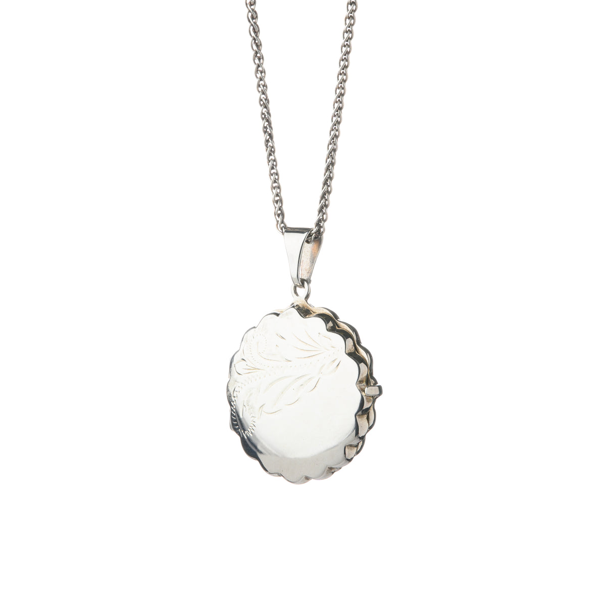 Silver Scalloped Edge Locket with Flower Pattern Design and 16" 1.5mm Silver Spiga Chain