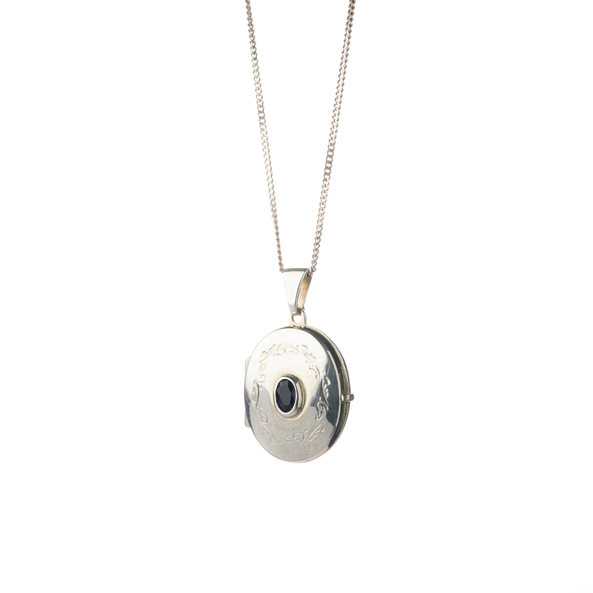 Silver Locket with Bezel Set Amethyst Gemstone and 20" Silver Curb Chain