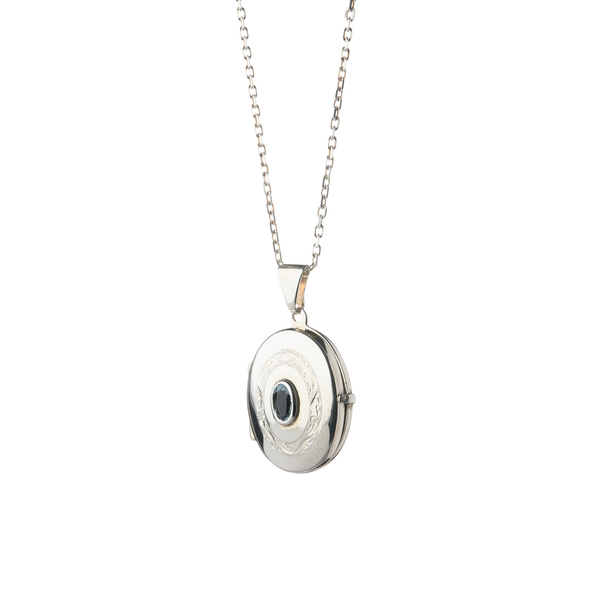 Silver Locket with Bezel Set Blue Topaz Gemstone and 20" Silver Trace Chain