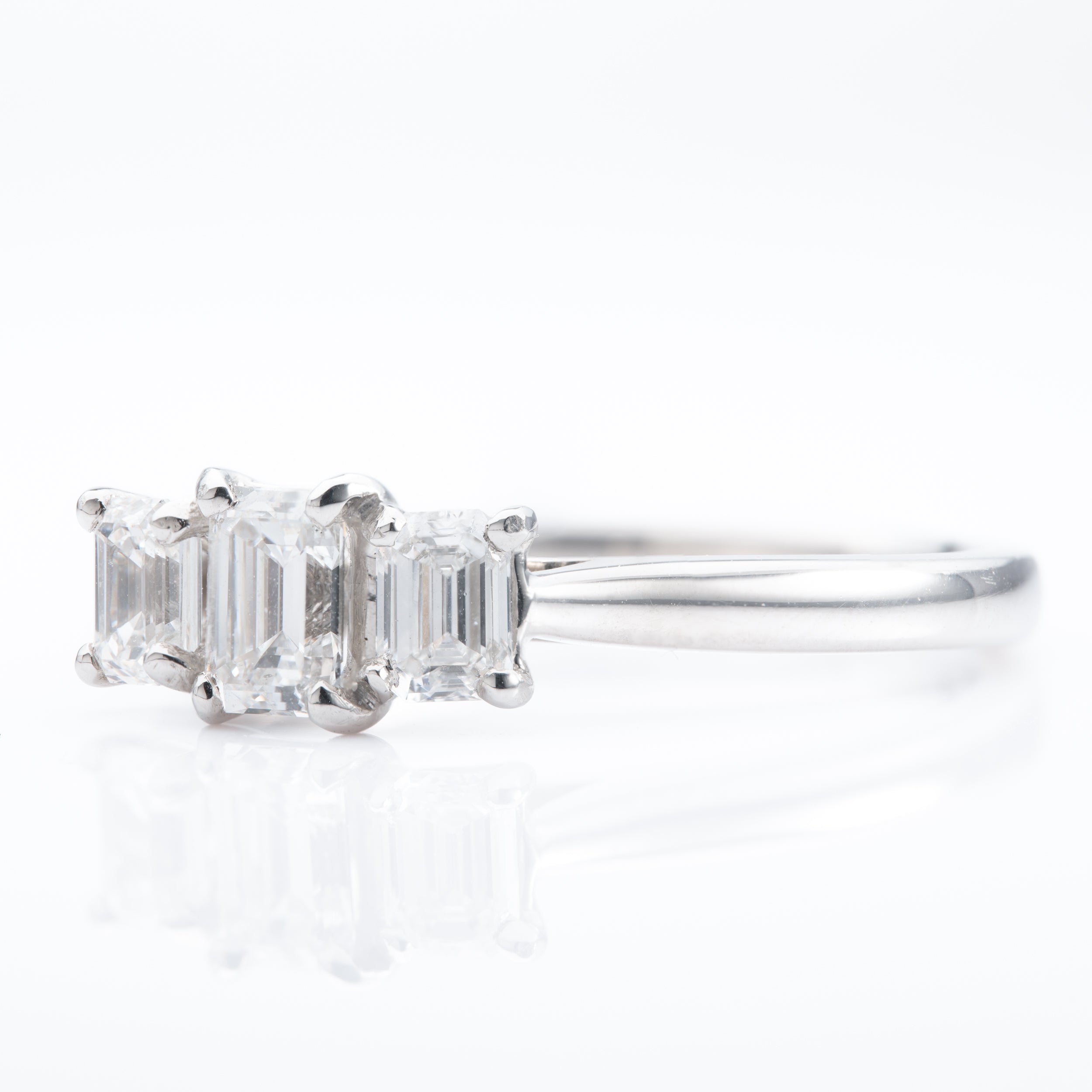 Platinum Emerald Cut Diamond Trilogy Ring