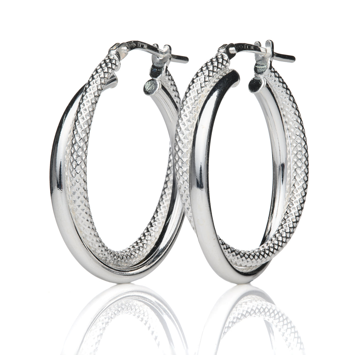 Silver 25mm Double Hoop Style Earrings With Textured Hoop