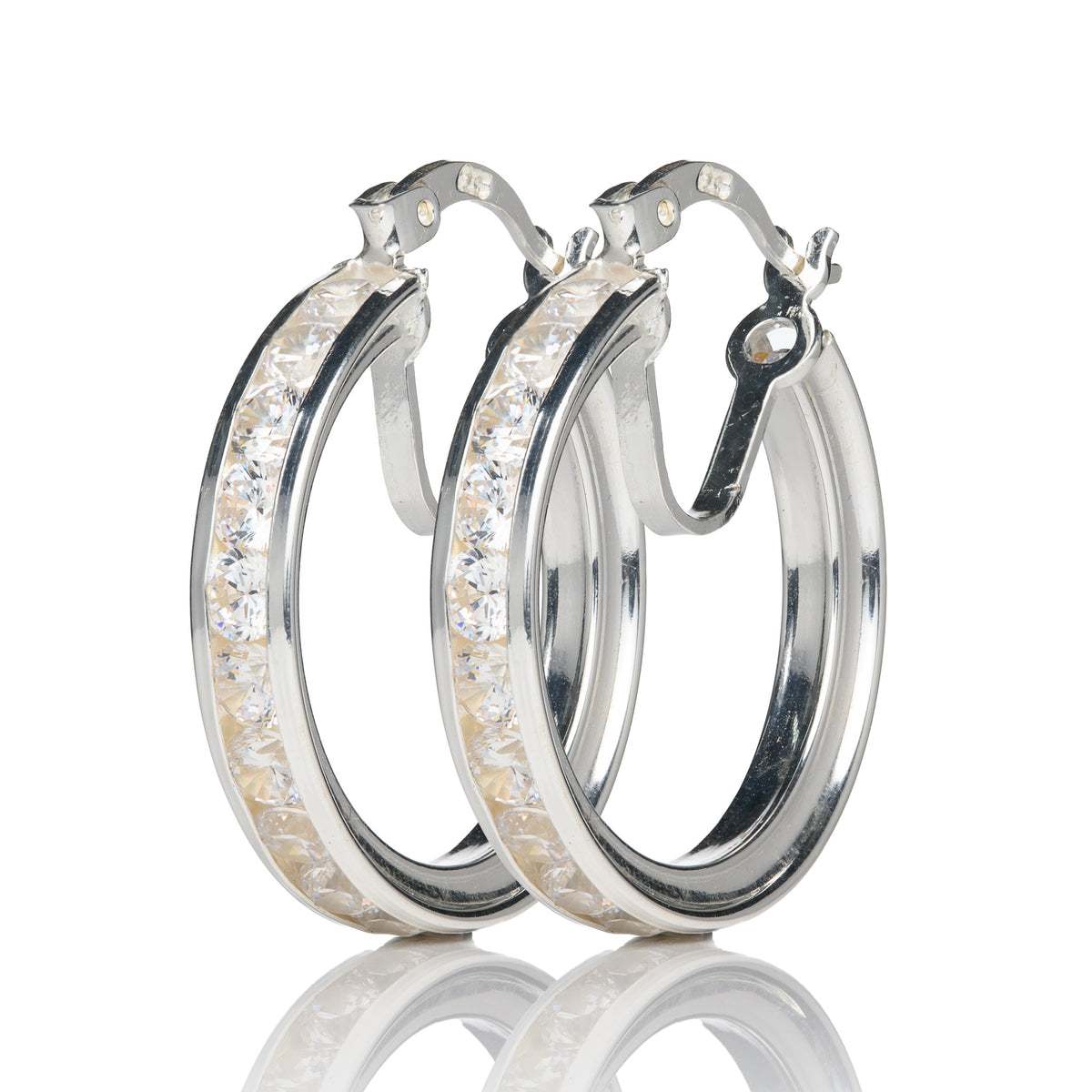 Silver 25mm Diameter Channel Set Cubic Zirconia Hoop Earrings
