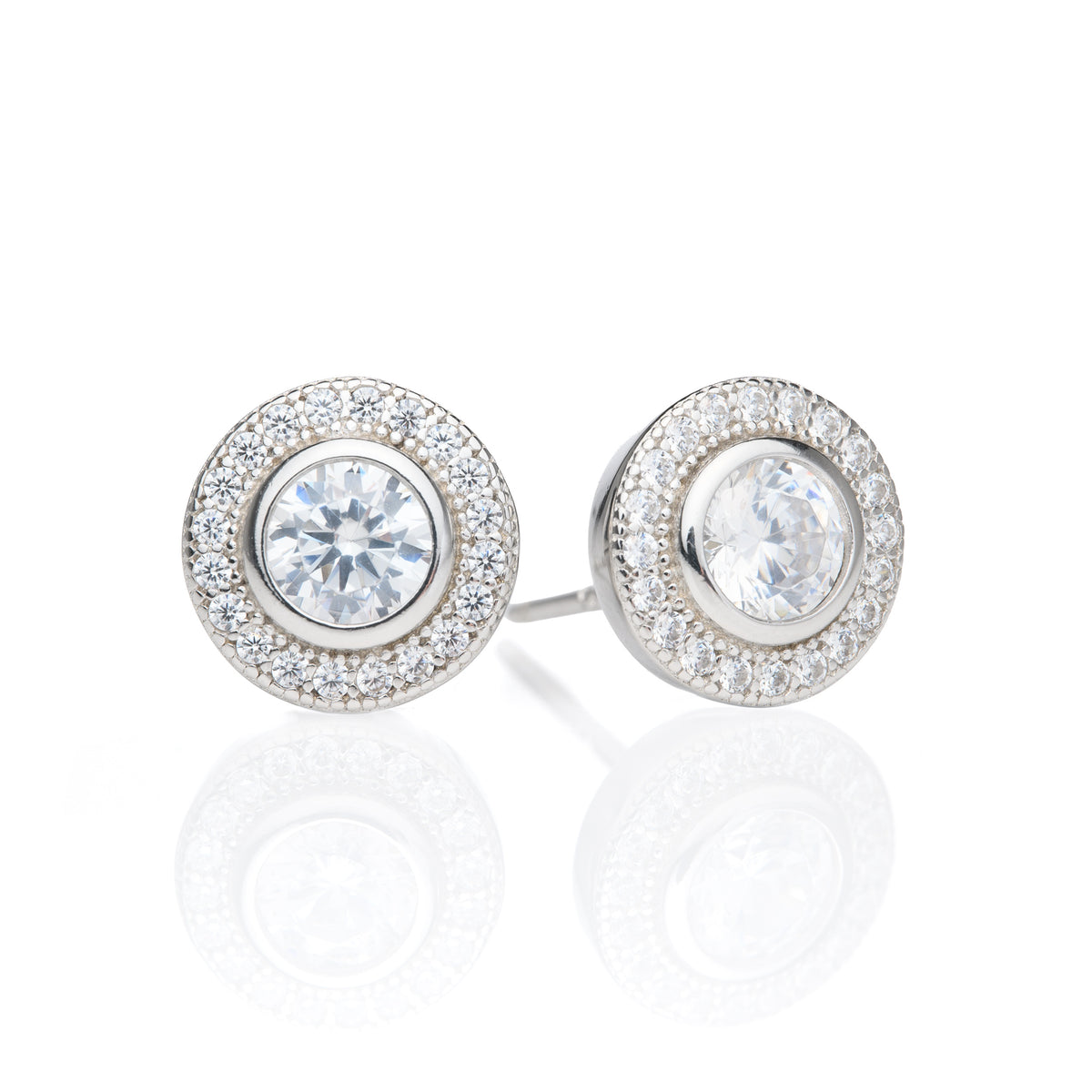 Silver Round Halo Cubic Zirconia Stud Earrings