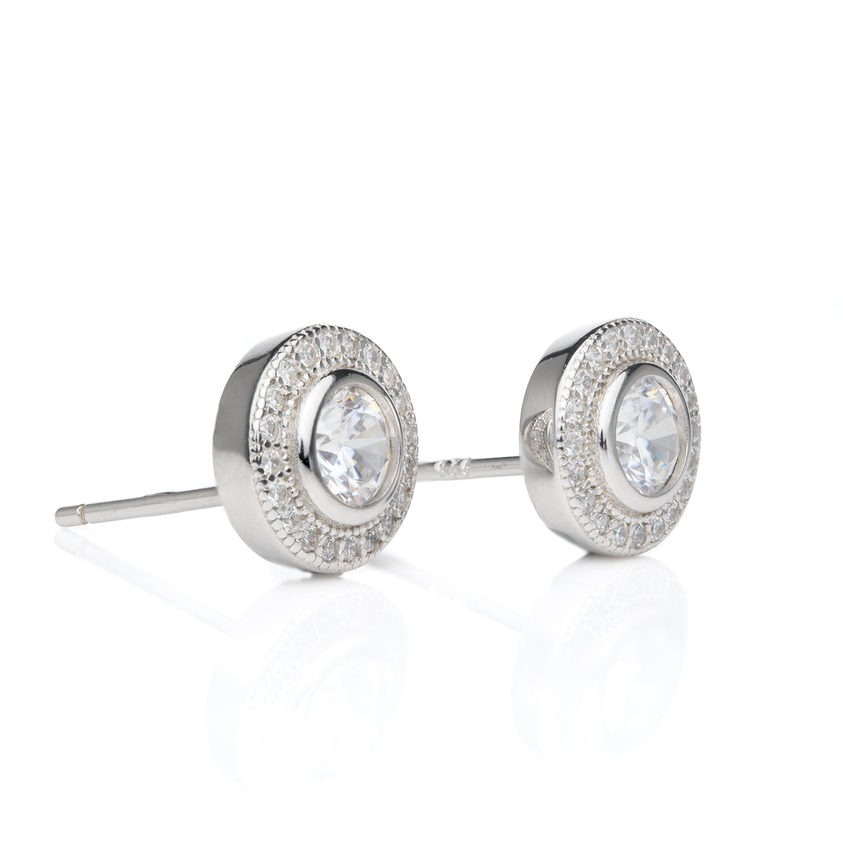 Silver Round Halo Cubic Zirconia Stud Earrings
