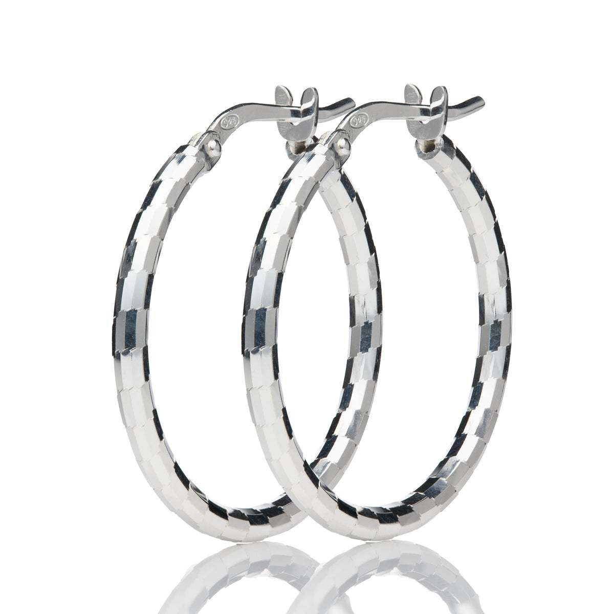 Silver 20mm Checkerboard Design Hoop Earrings