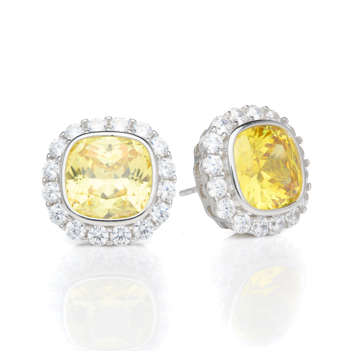 Silver Yellow Cubic Zirconia Stud Earrings With Cubic Zirconia Halo