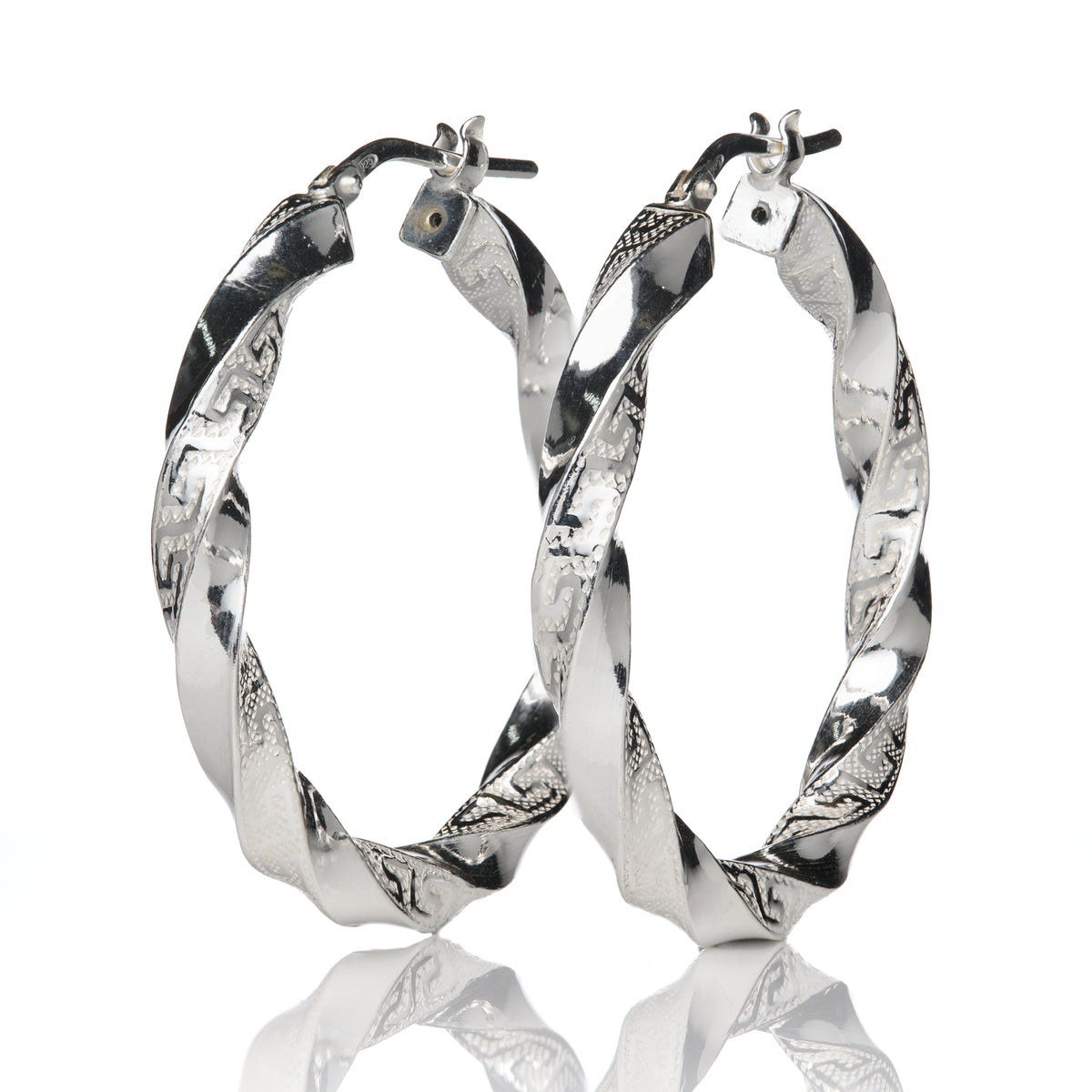 Silver 32mm Greek Key Design Twist Hoop Earrings