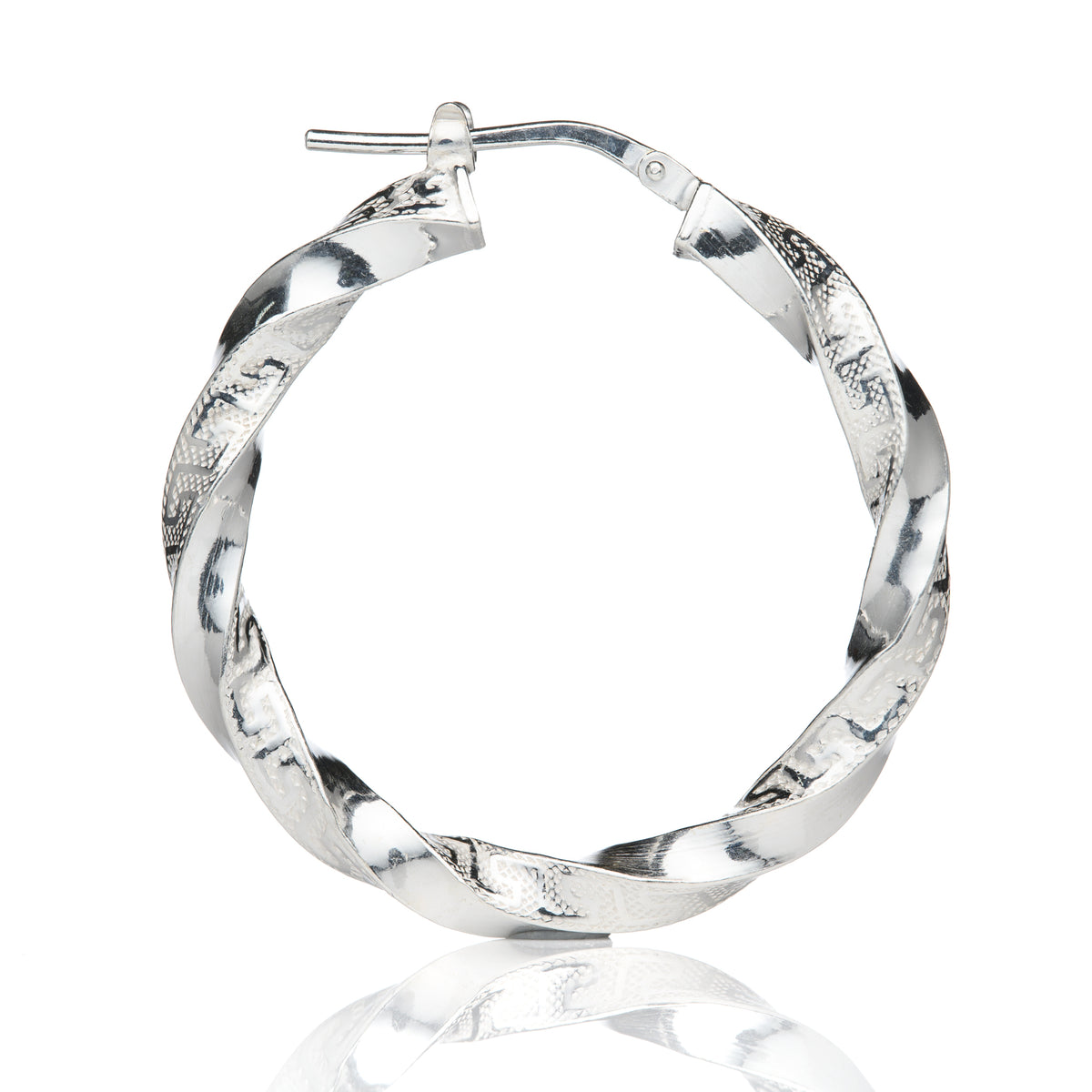Silver 32mm Greek Key Design Twist Hoop Earrings