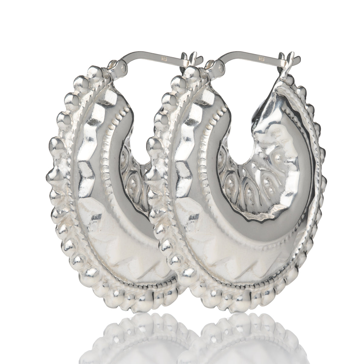Silver 35mm Embossed Creole Hoop Earrings