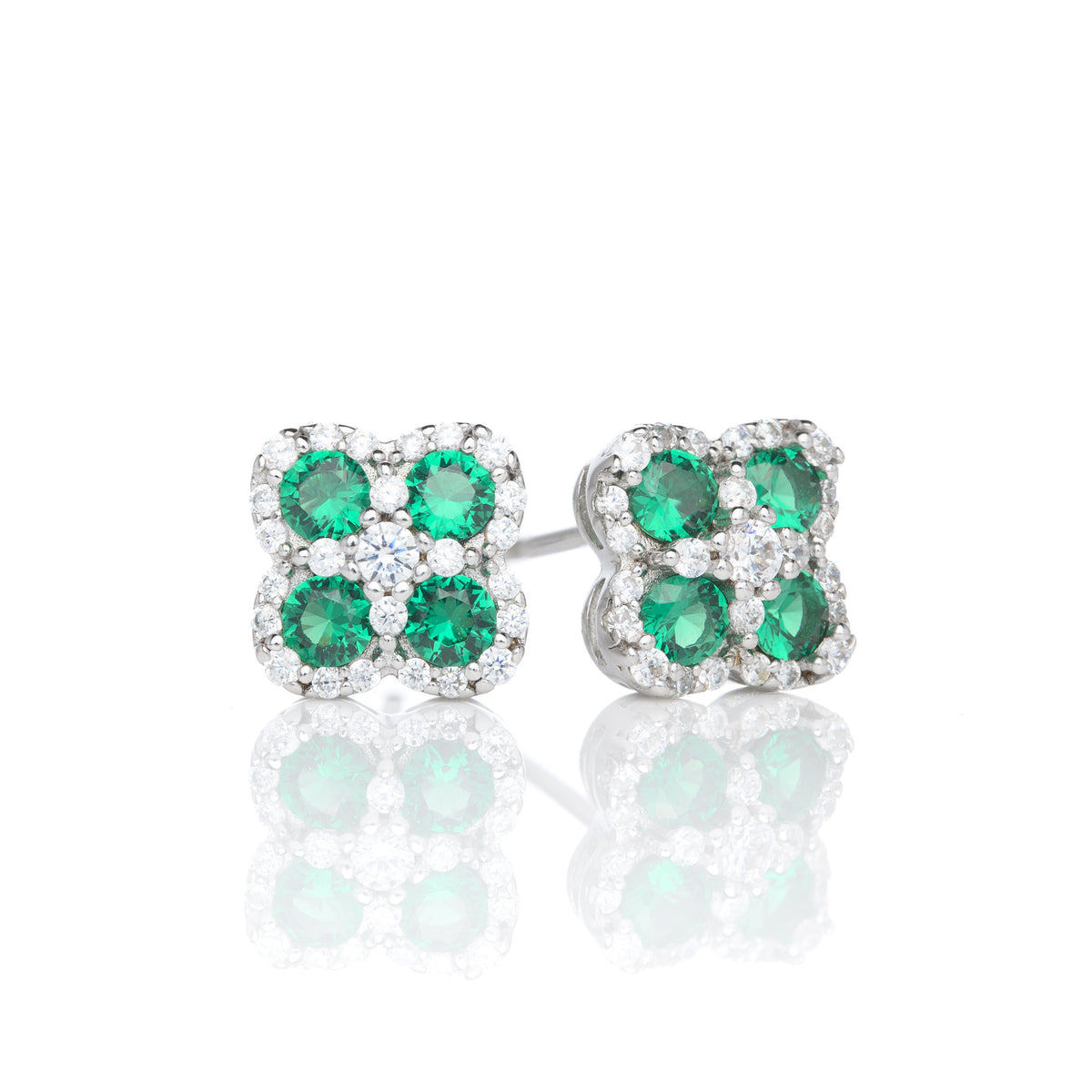Silver Cubic Zirconia Four Leaf Clover Stud Earrings