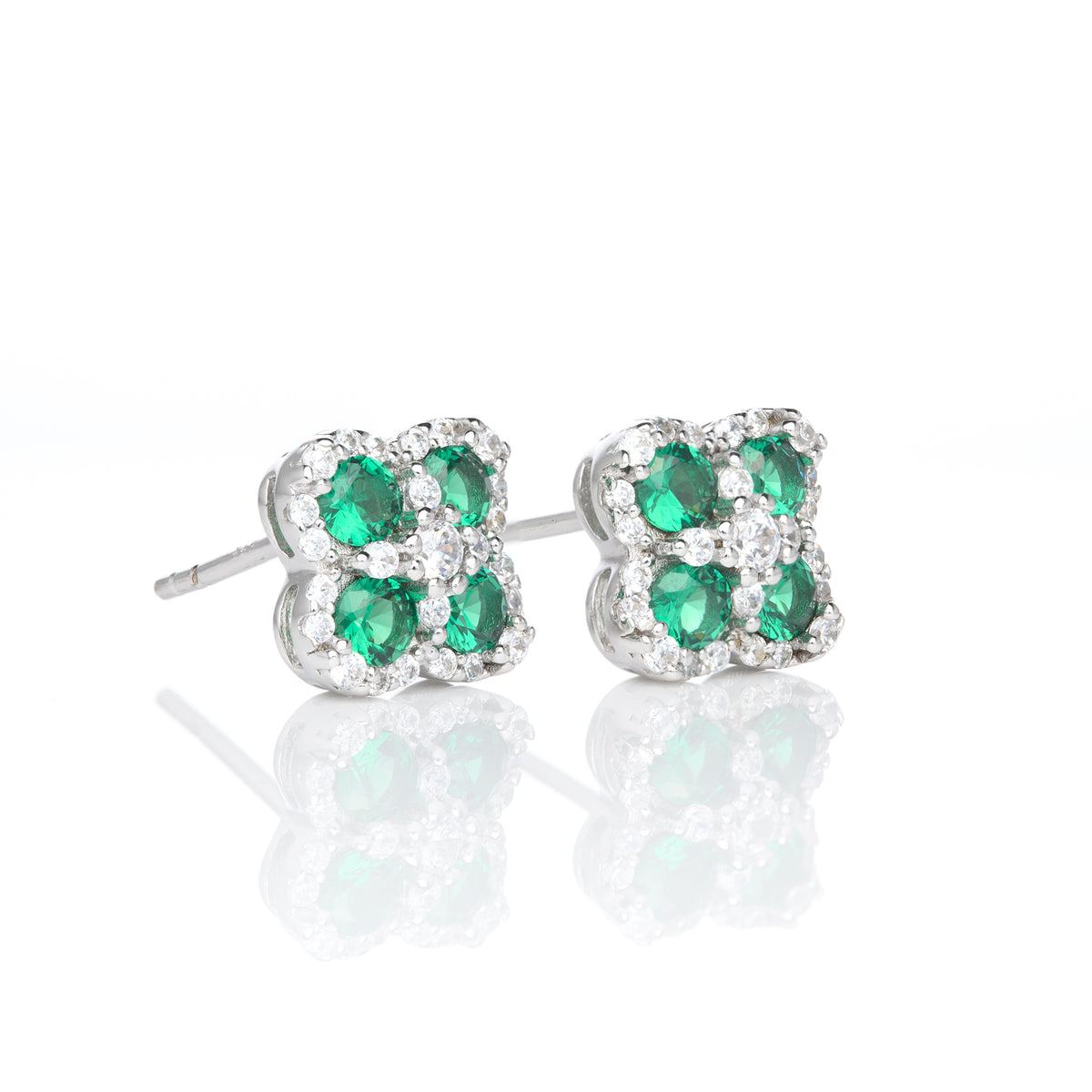 Silver Cubic Zirconia Four Leaf Clover Stud Earrings