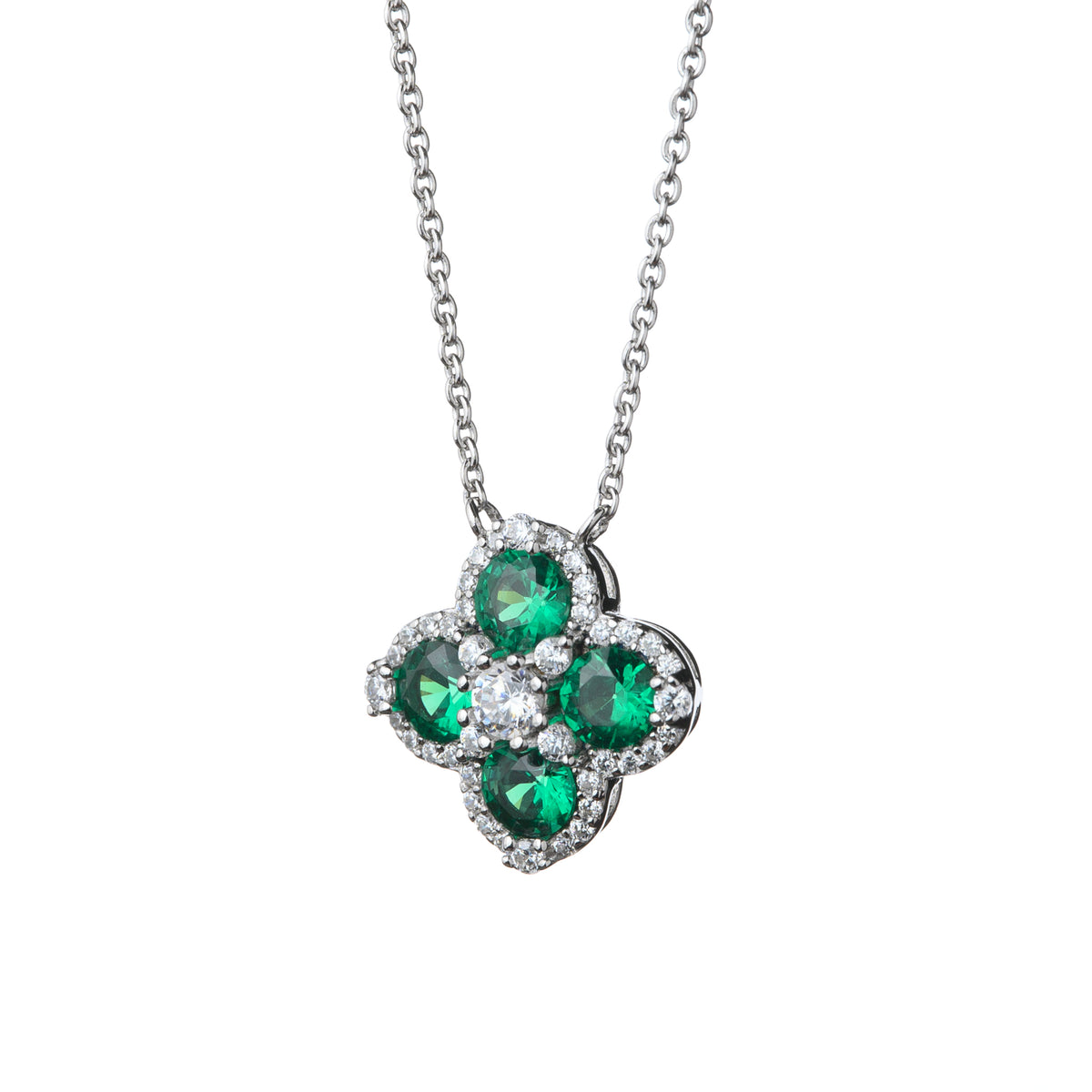 Silver Green Cubic Zirconia Four Leaf Clover Pendant and Integrated 15"/17" Chain with Extender