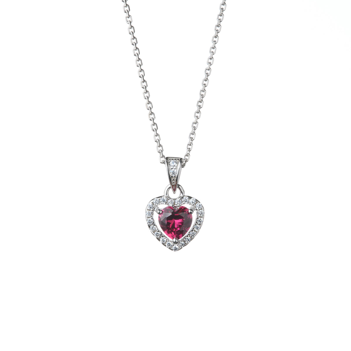 Silver Red Cubic Zirconia Heart Shaped Pendant With Cubic Zirconia Halo and 18" Trace Chain