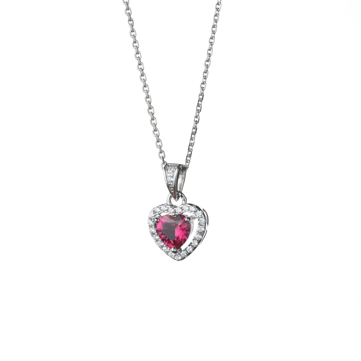 Silver Red Cubic Zirconia Heart Shaped Pendant With Cubic Zirconia Halo and 18" Trace Chain